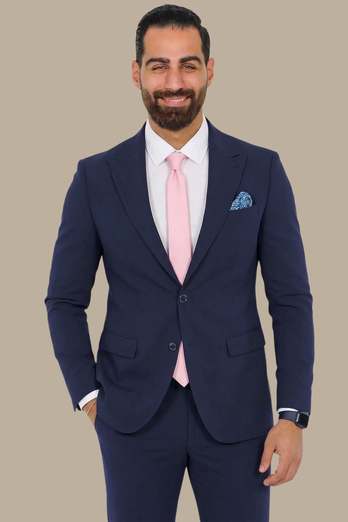 Navy Peak Lapel Suit with Side Belt Pants