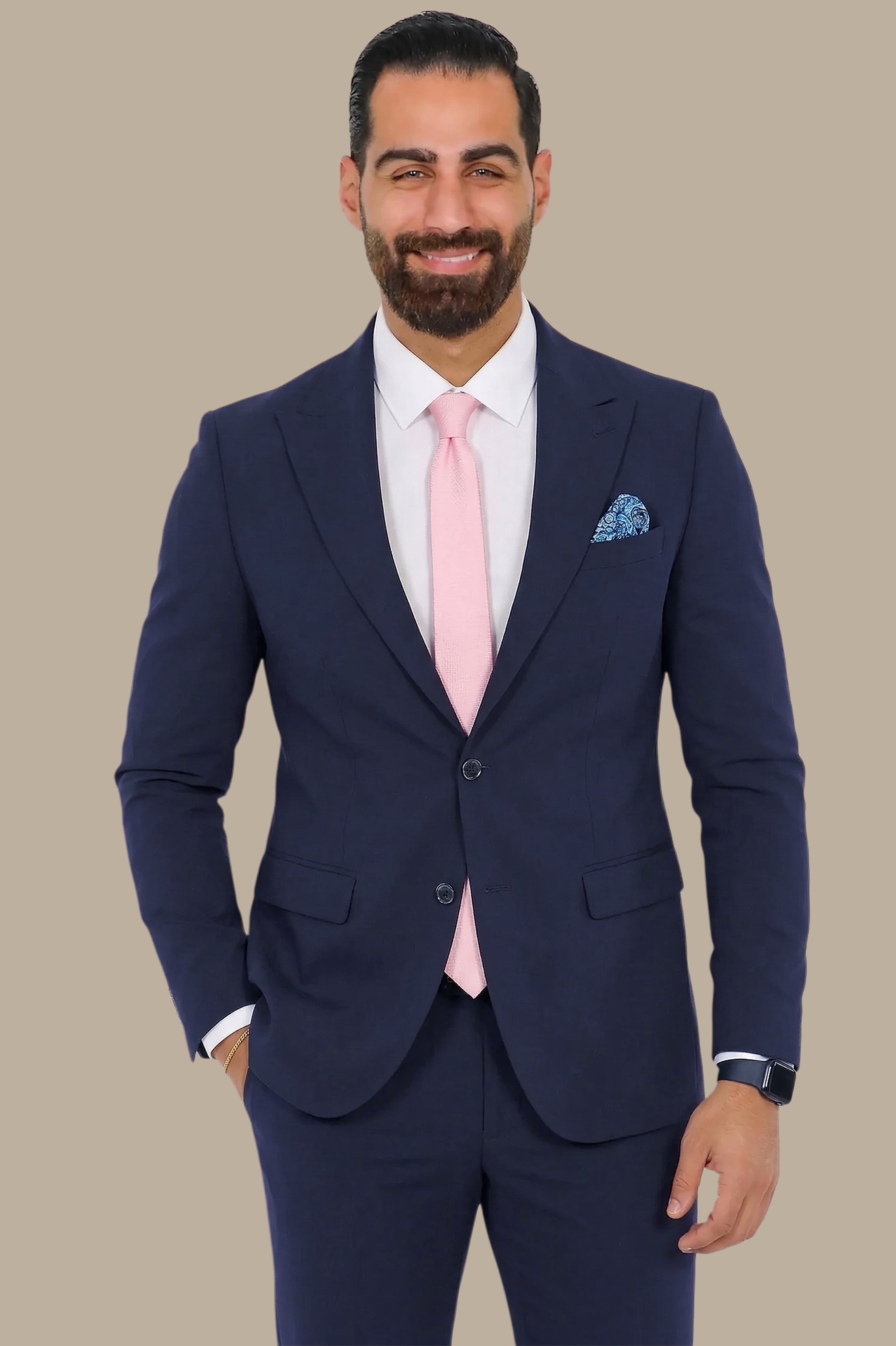 Navy Peak Lapel Suit with Side Belt Pants