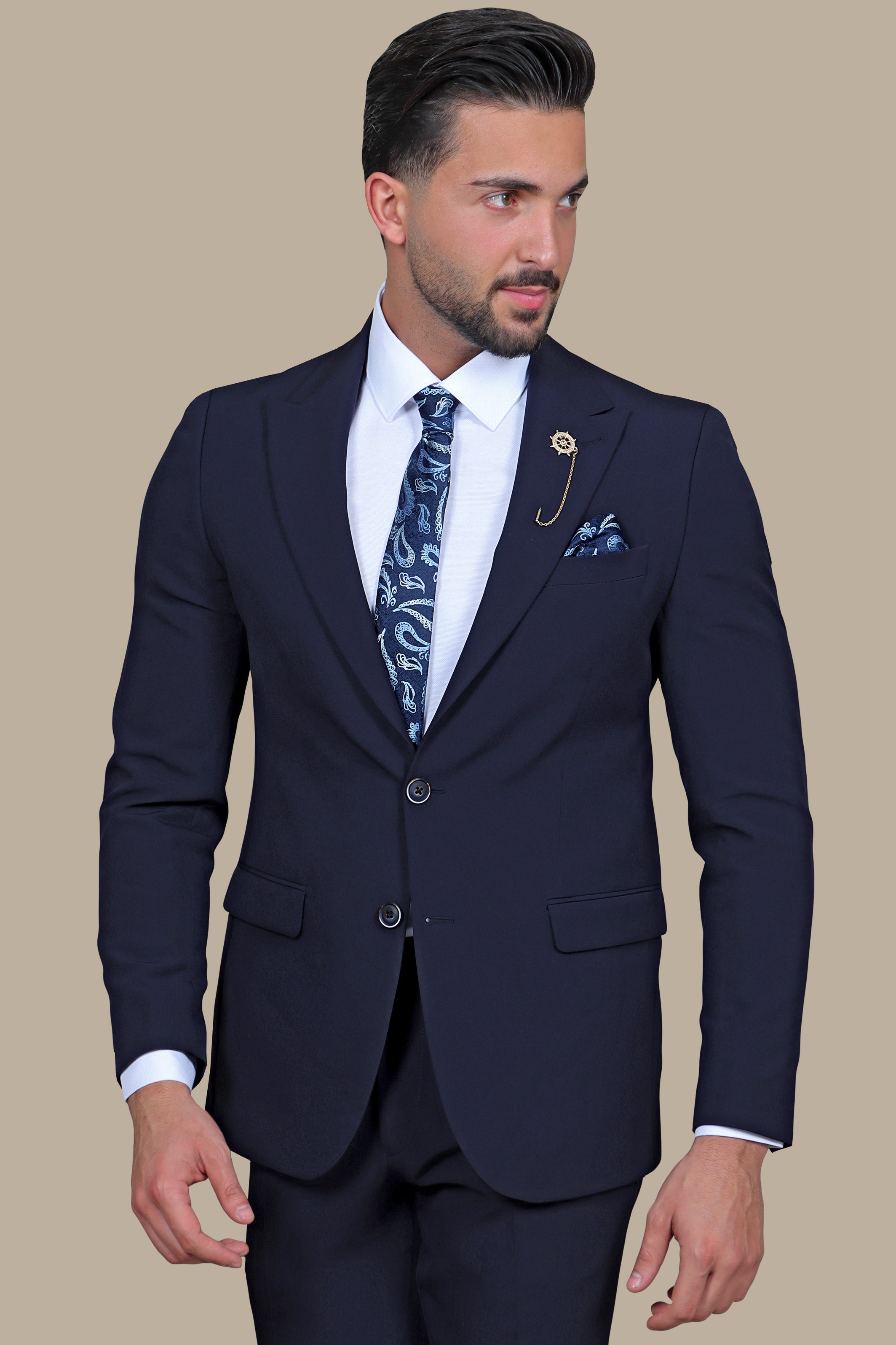 Navy Peak Lapel Suit with Side Belt Pants