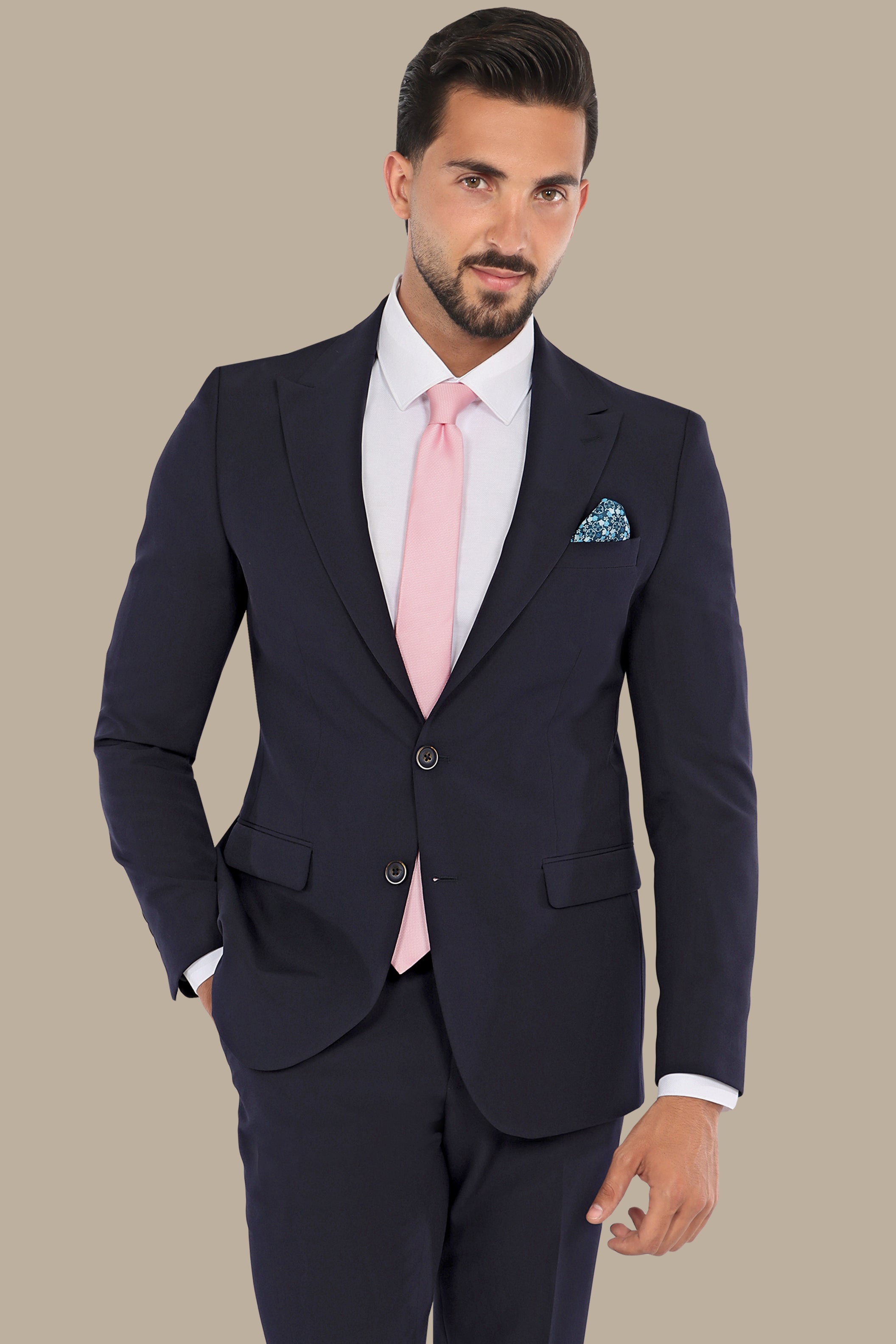 Navy Peak Lapel Suit with Side Belt Pants