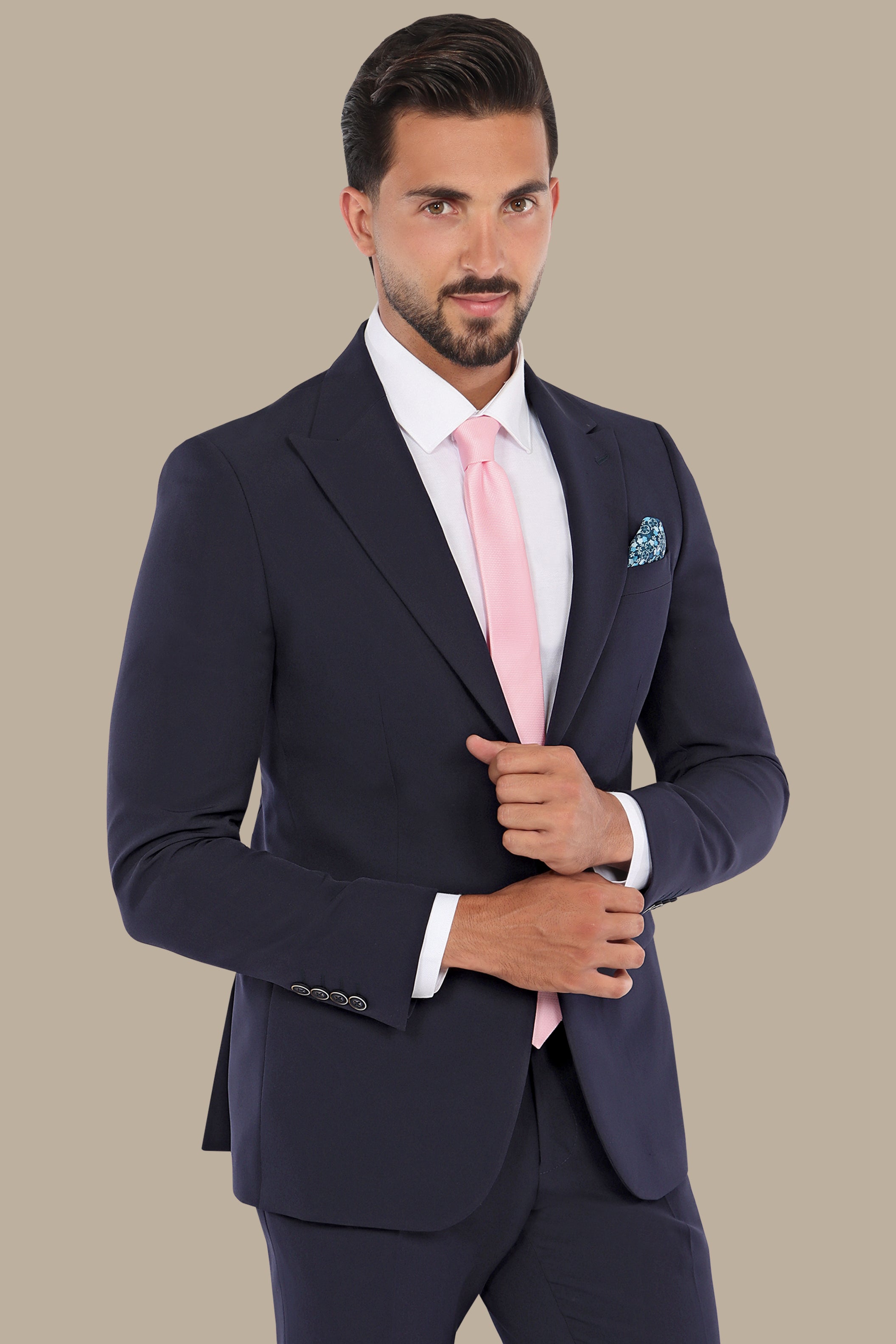 Navy Peak Lapel Suit with Side Belt Pants