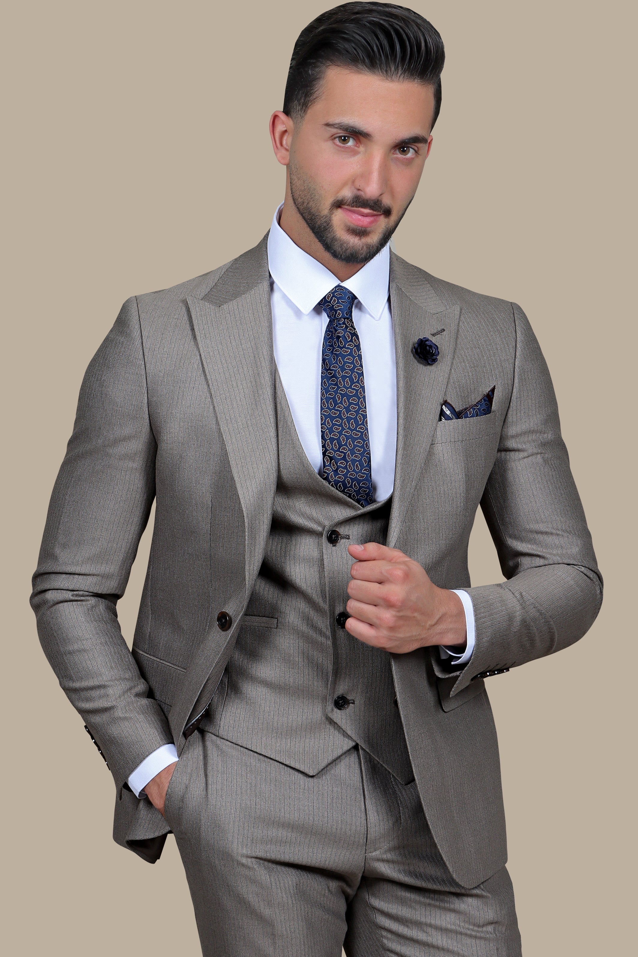 Light Brown Herringbone Slim Fit 3-Piece Suit