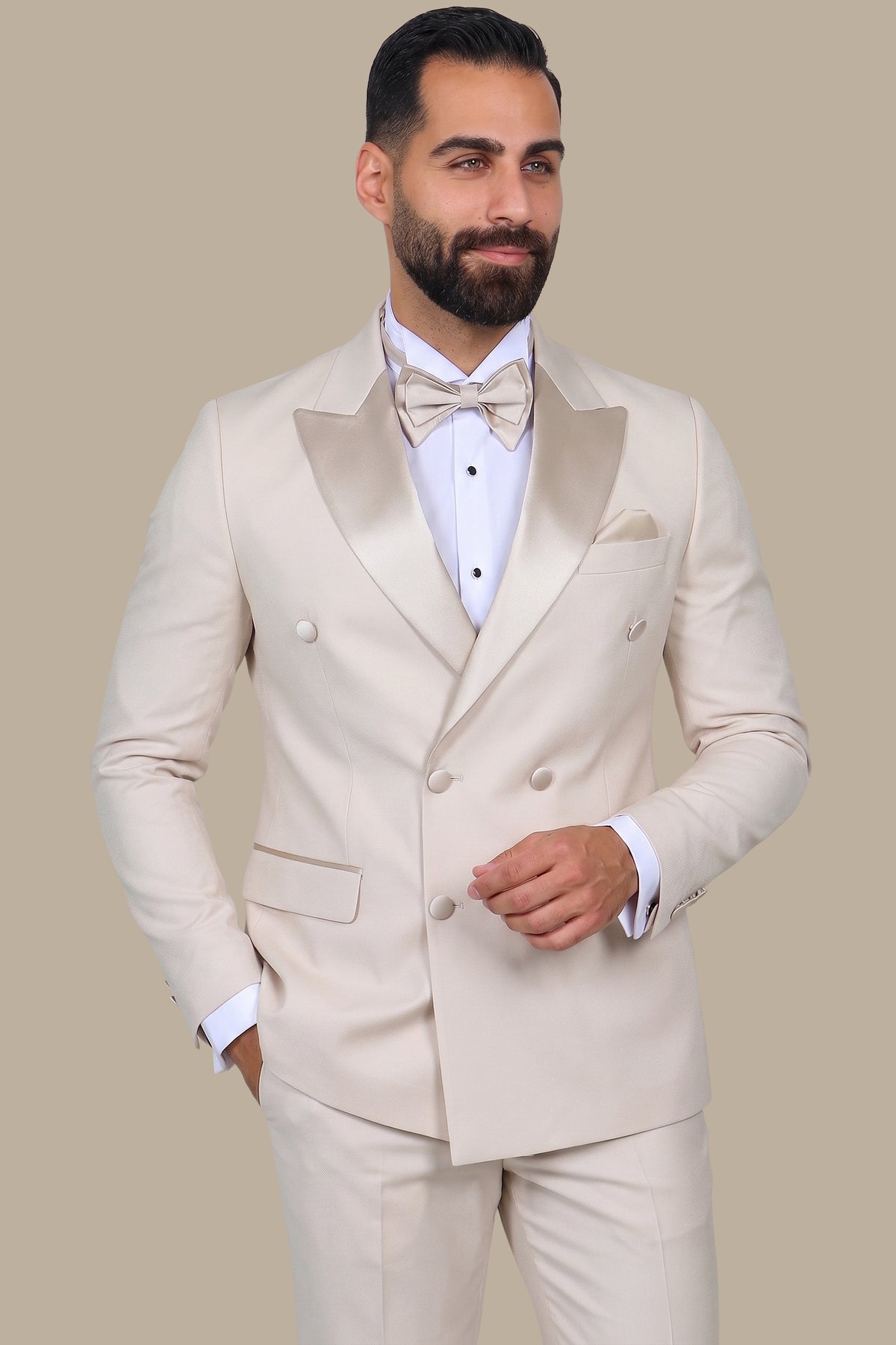 Beige Double Breasted Peak Lapel Tuxedo