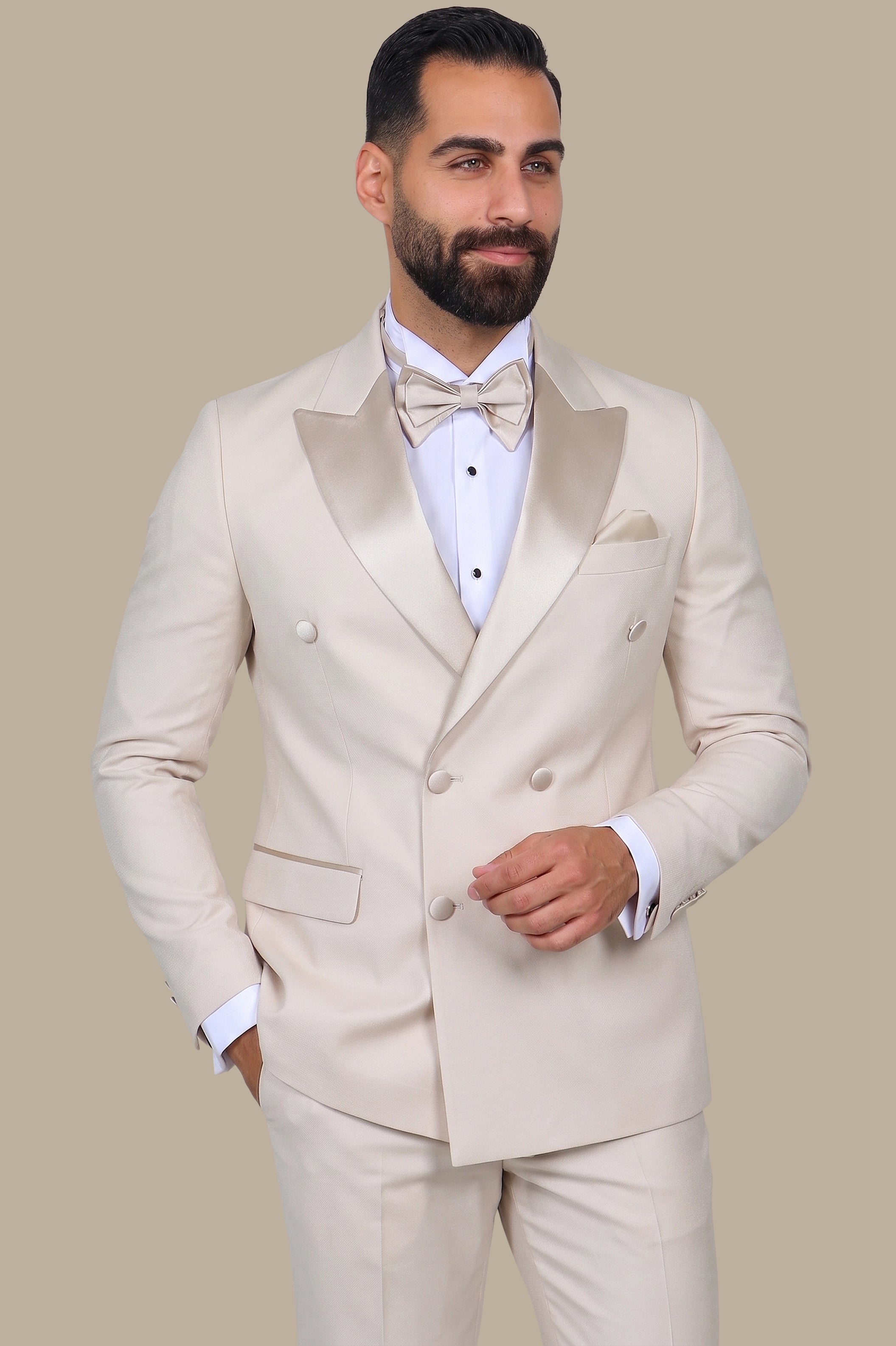 Beige Double Breasted Peak Lapel Tuxedo
