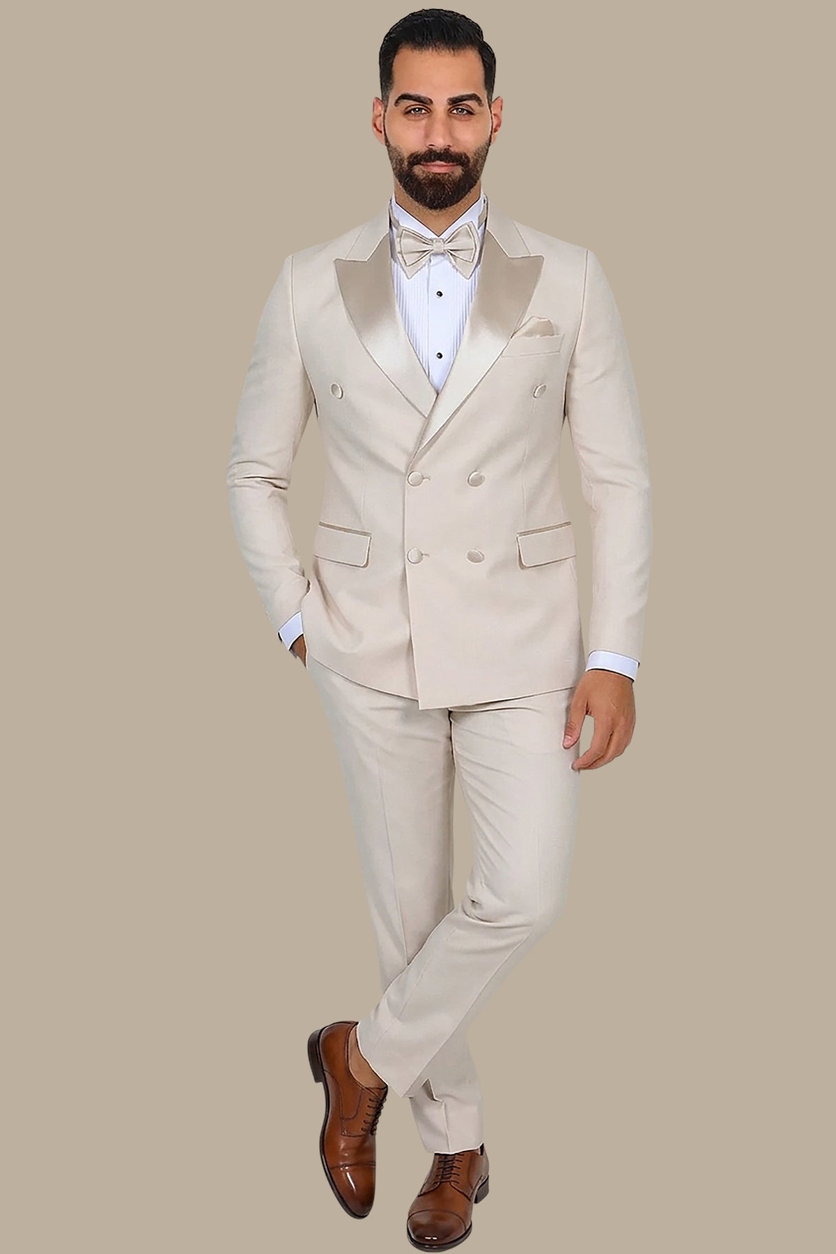Beige Double Breasted Peak Lapel Tuxedo