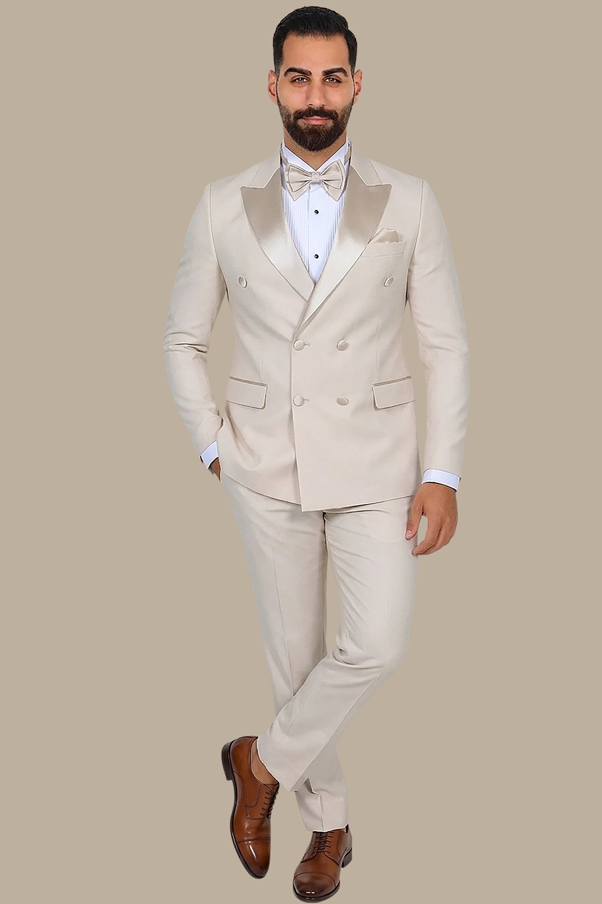 Beige Double Breasted Peak Lapel Tuxedo
