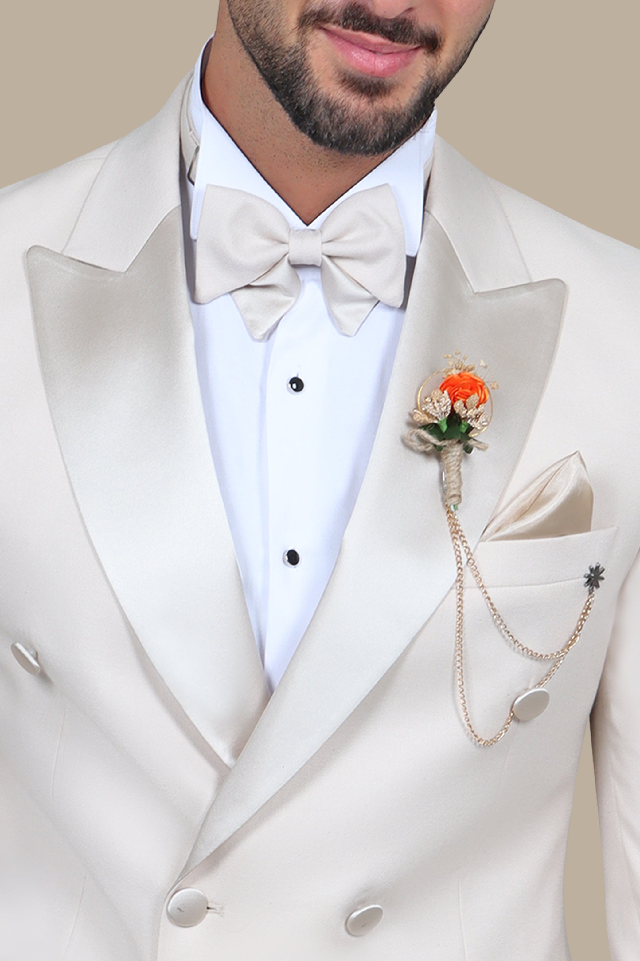 Beige Double Breasted Peak Lapel Tuxedo