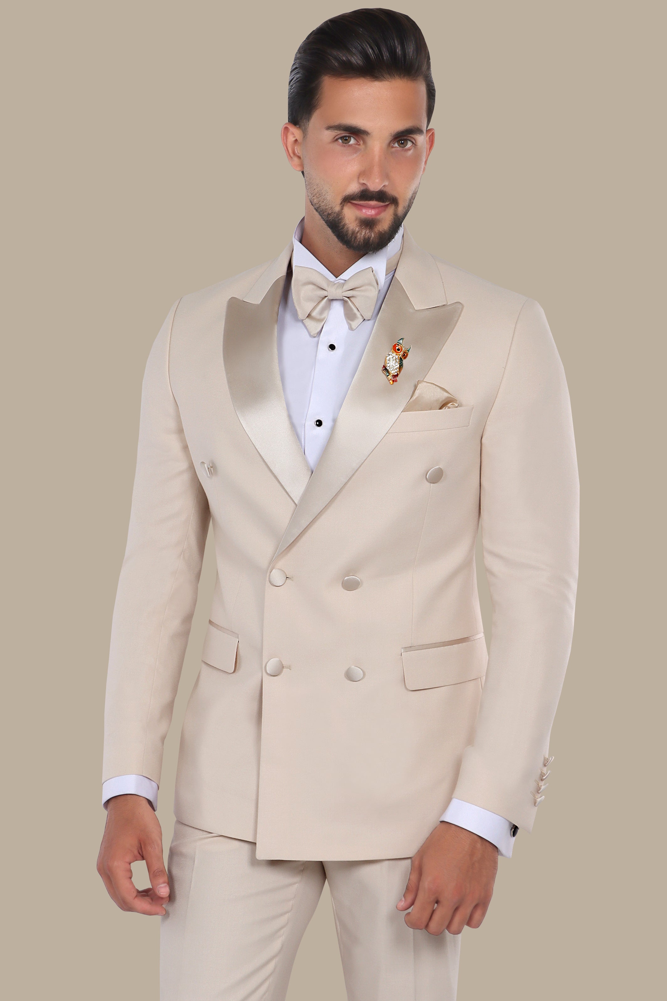 Beige Double Breasted Peak Lapel Tuxedo