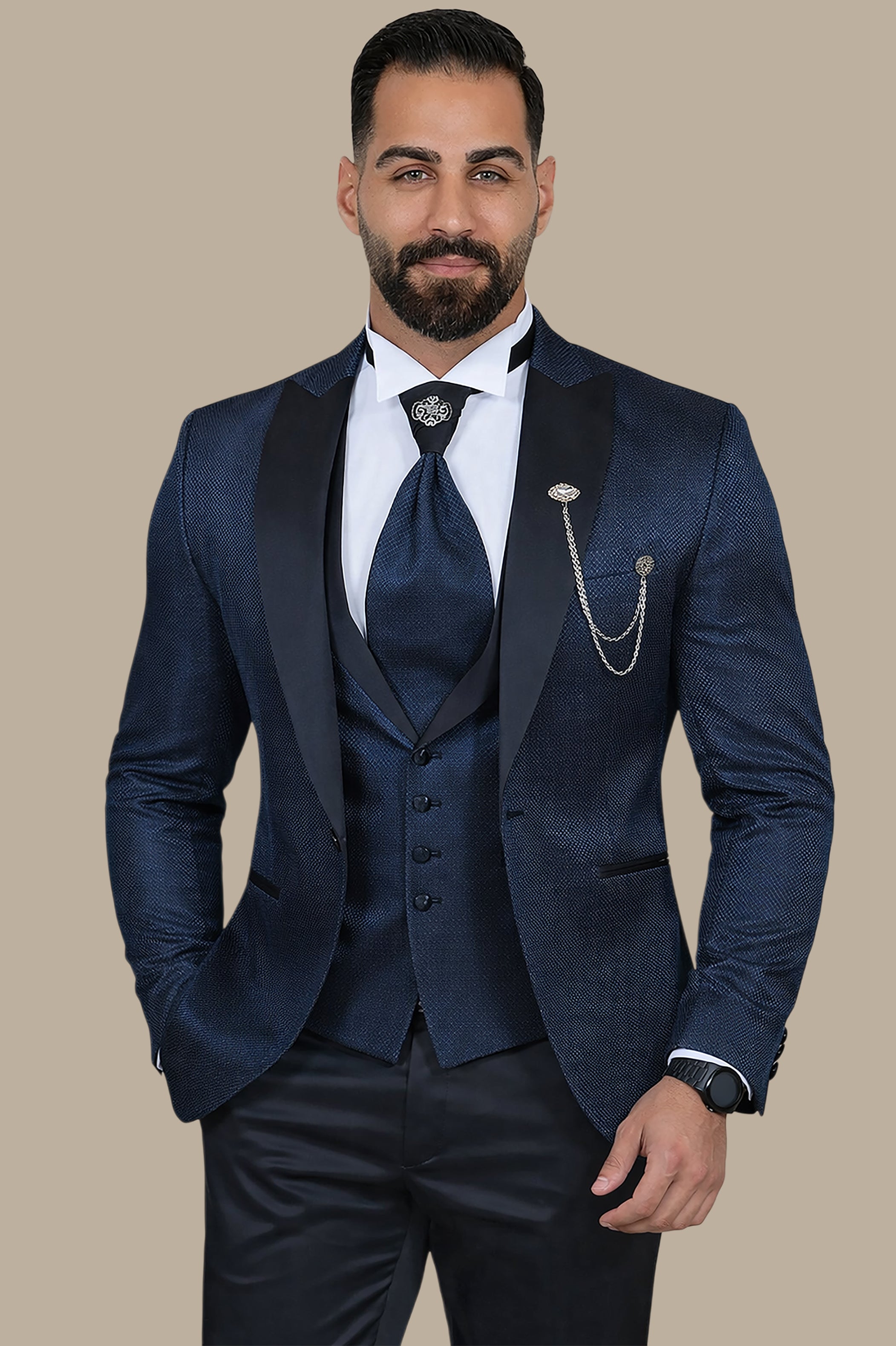 Signature Sophistication: The Blue Snack Pattern 4-Piece Peak Tuxedo