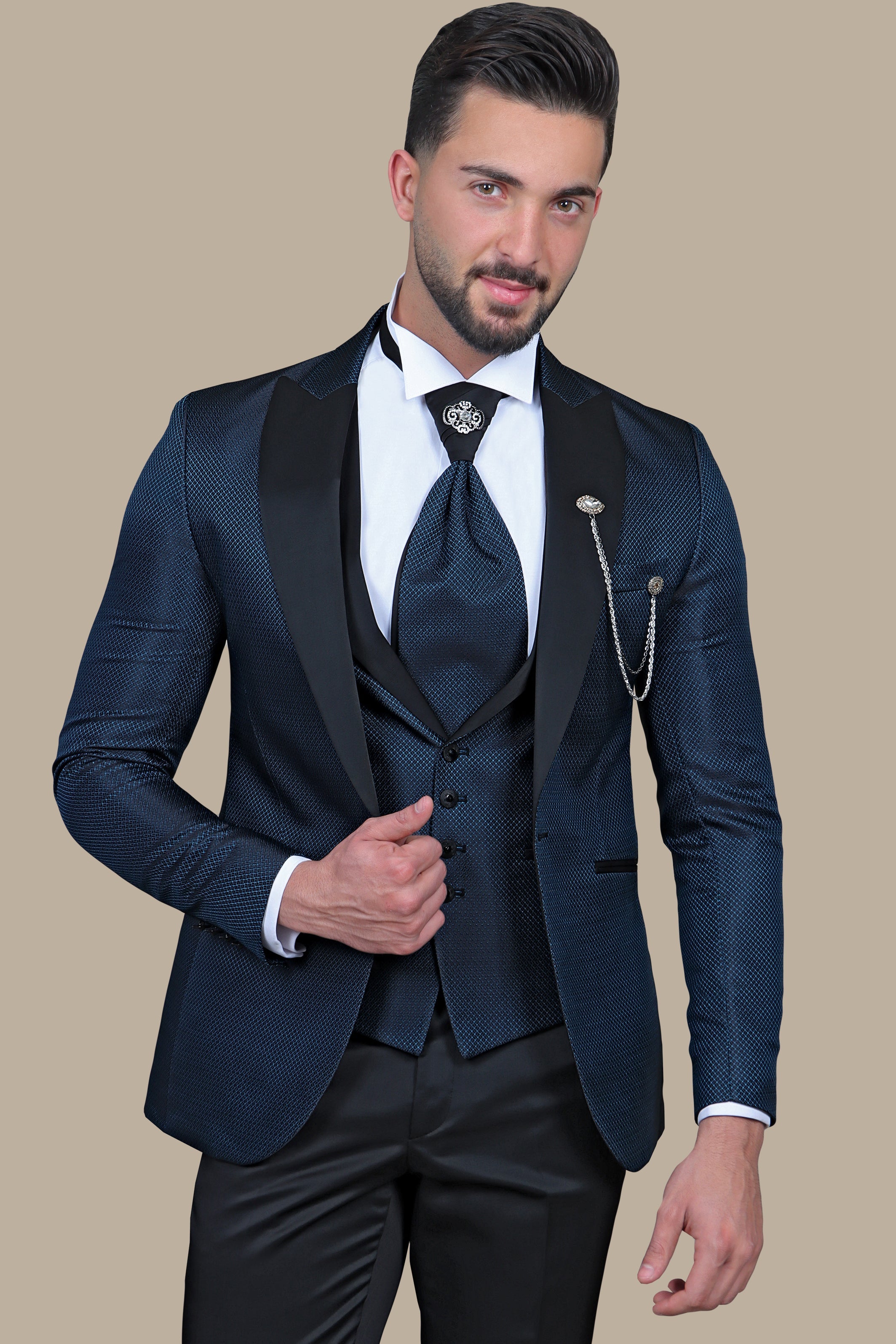 Signature Sophistication: The Blue Snack Pattern 4-Piece Peak Tuxedo