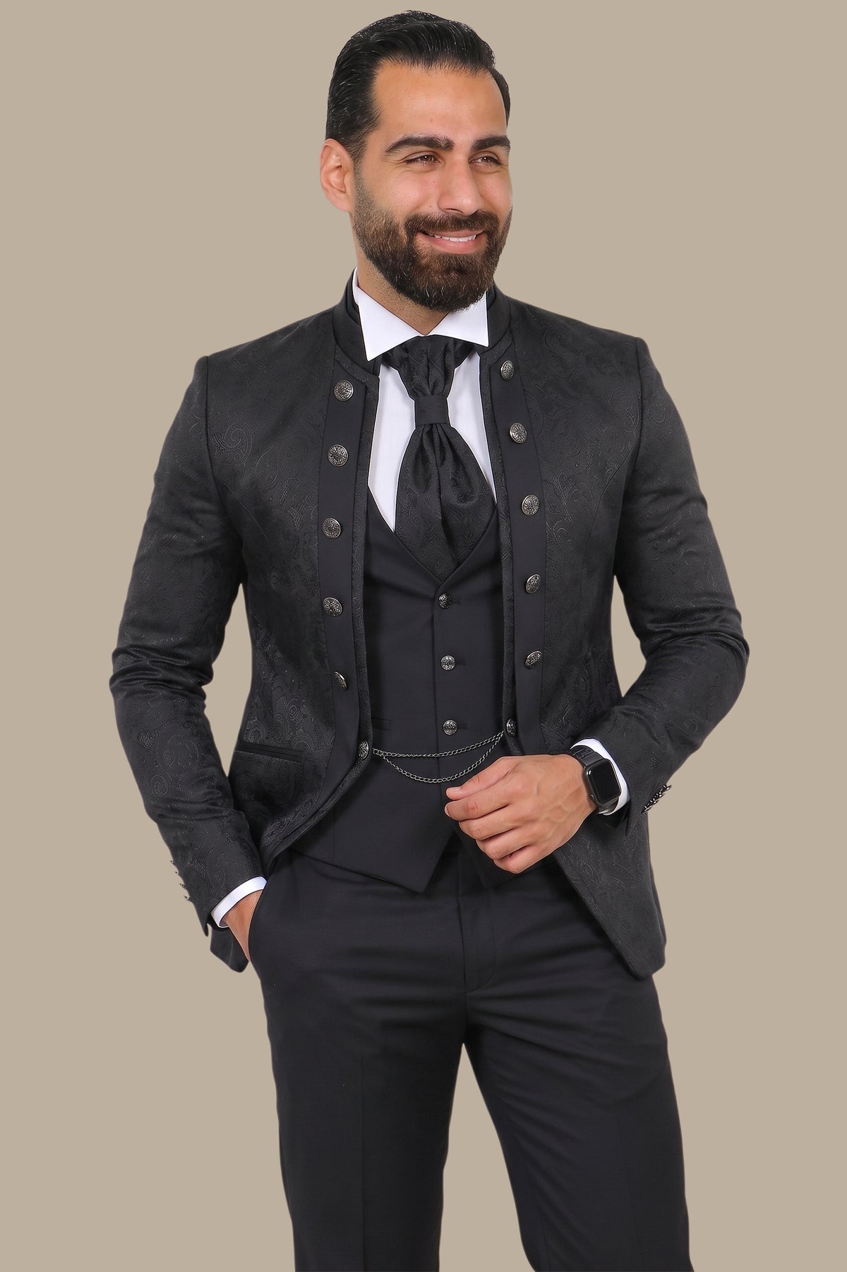 Black Cashmere Patterned 4-Piece Collar Tuxedo Ensemble