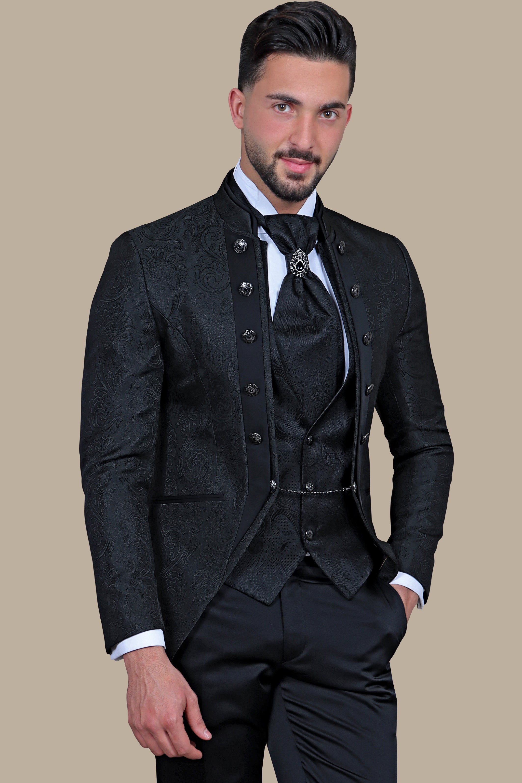 Black Cashmere Patterned 4-Piece Collar Tuxedo Ensemble