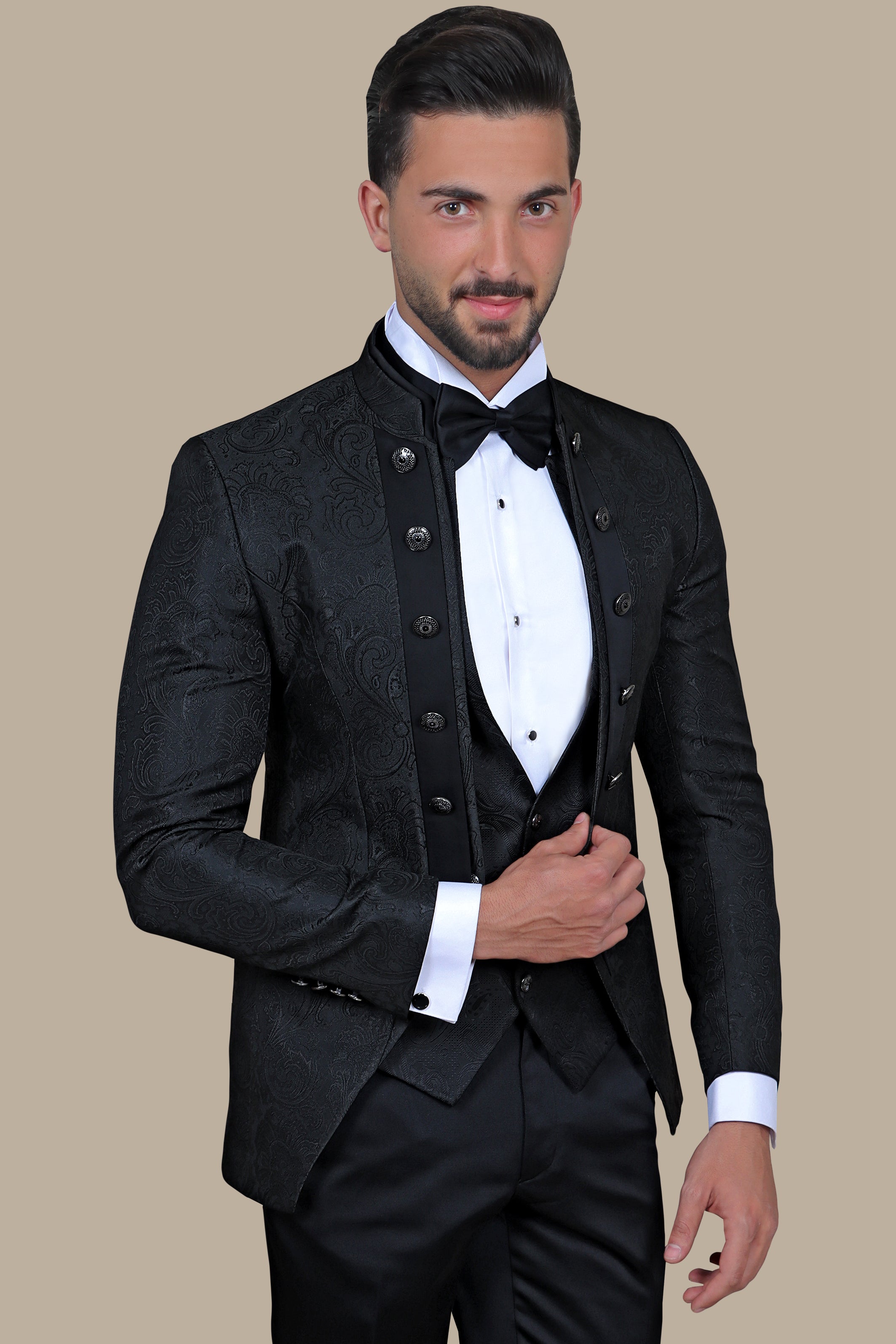 Black Cashmere Patterned 4-Piece Collar Tuxedo Ensemble