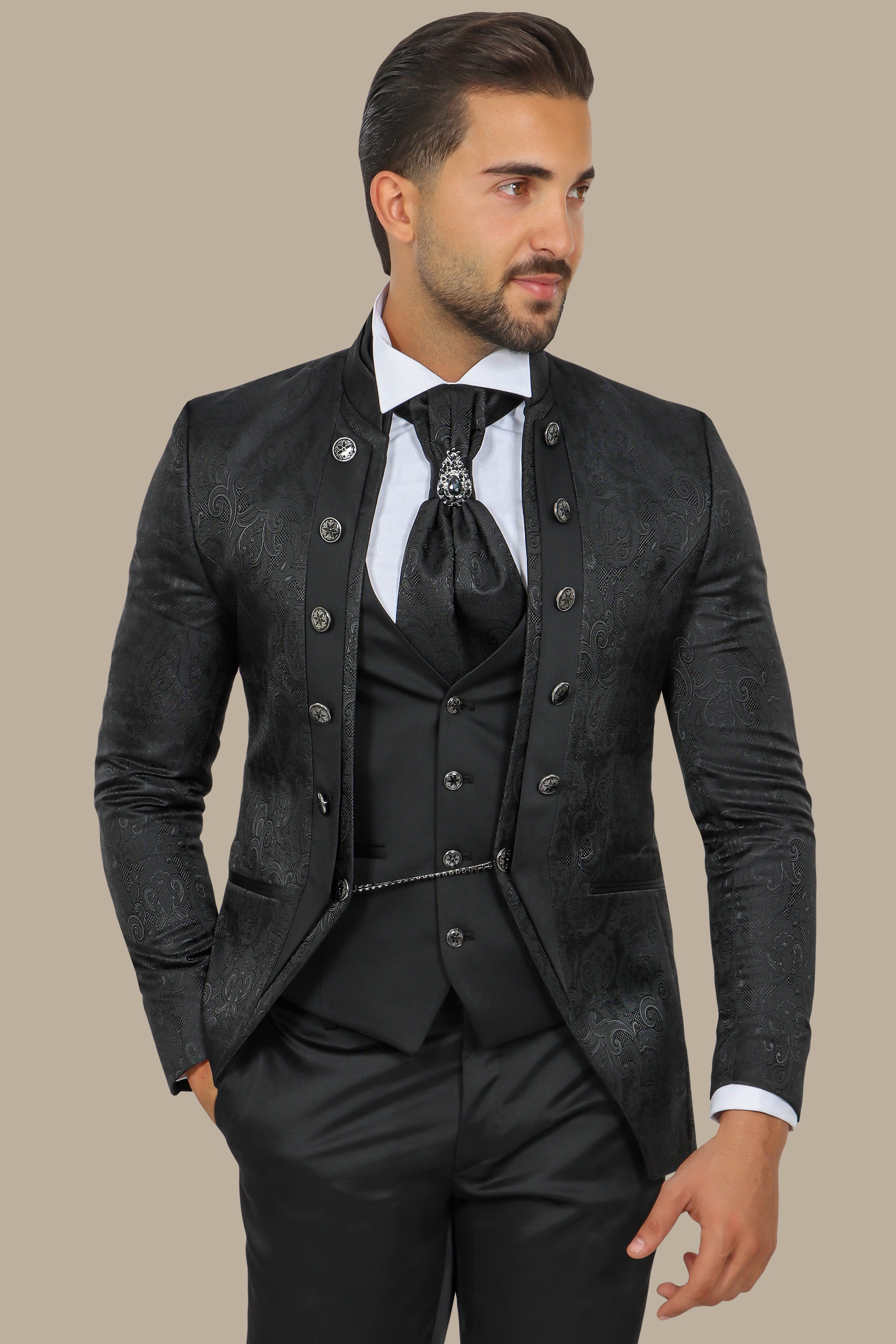 Black Cashmere Patterned 4-Piece Collar Tuxedo Ensemble