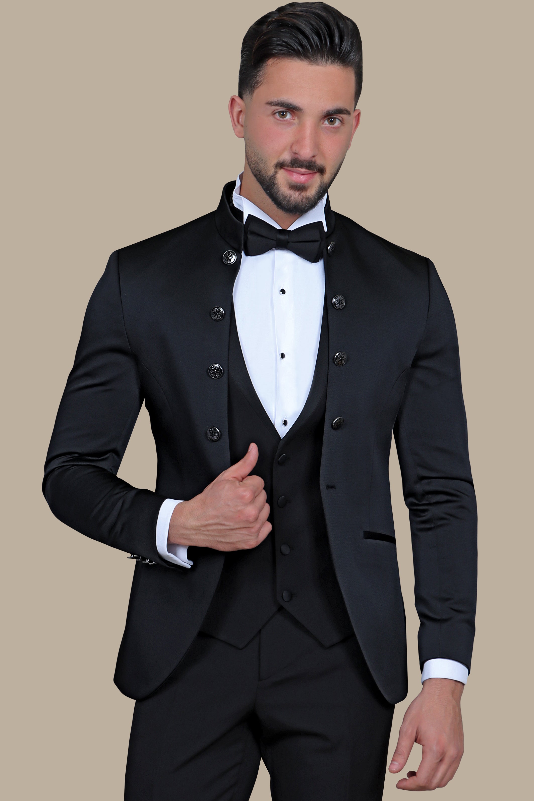 Black Patterned Vest 4-Piece Shawl Collar Tuxedo Ensemble