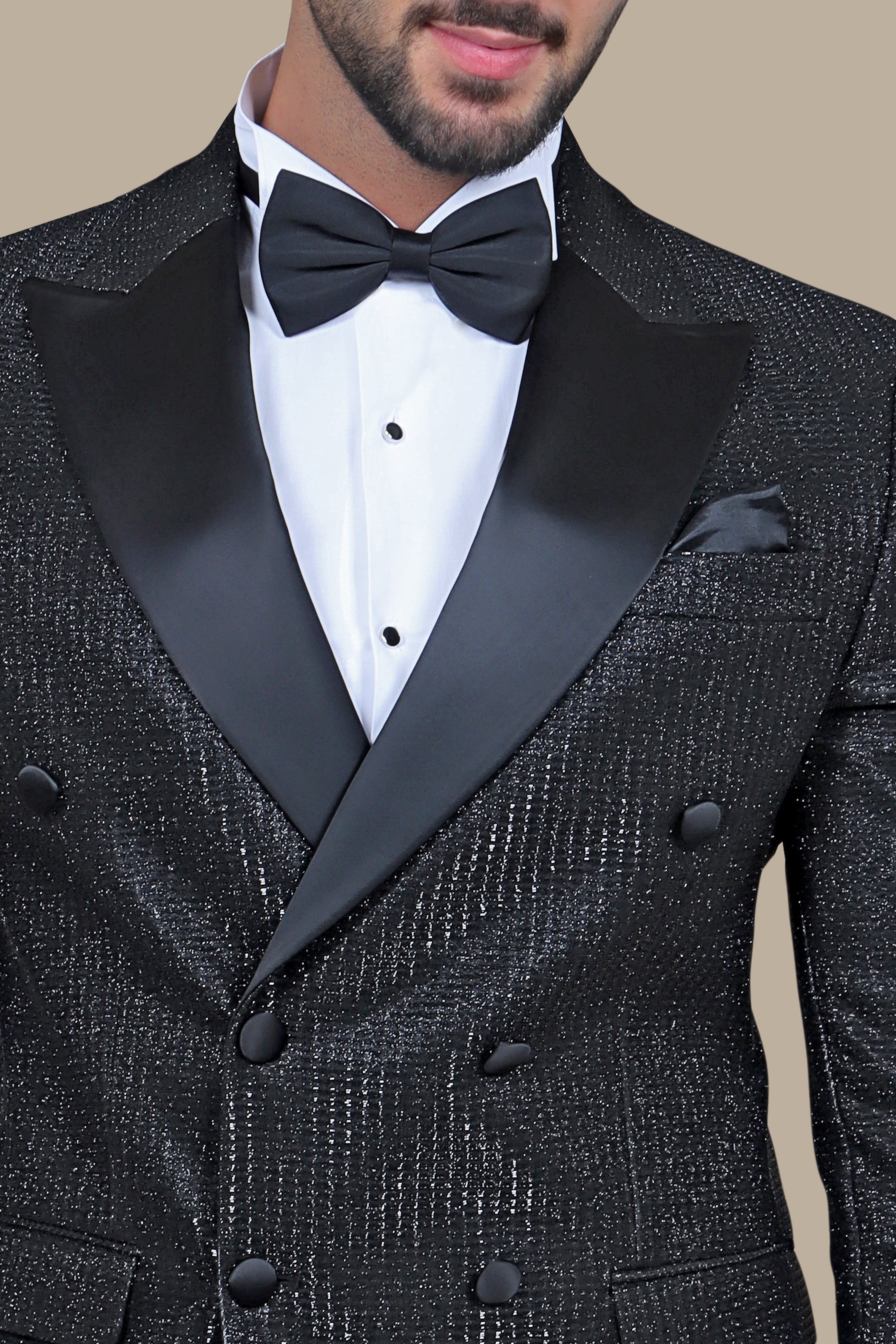 Black Glittered Tweed Double Breasted Peak Tuxedo