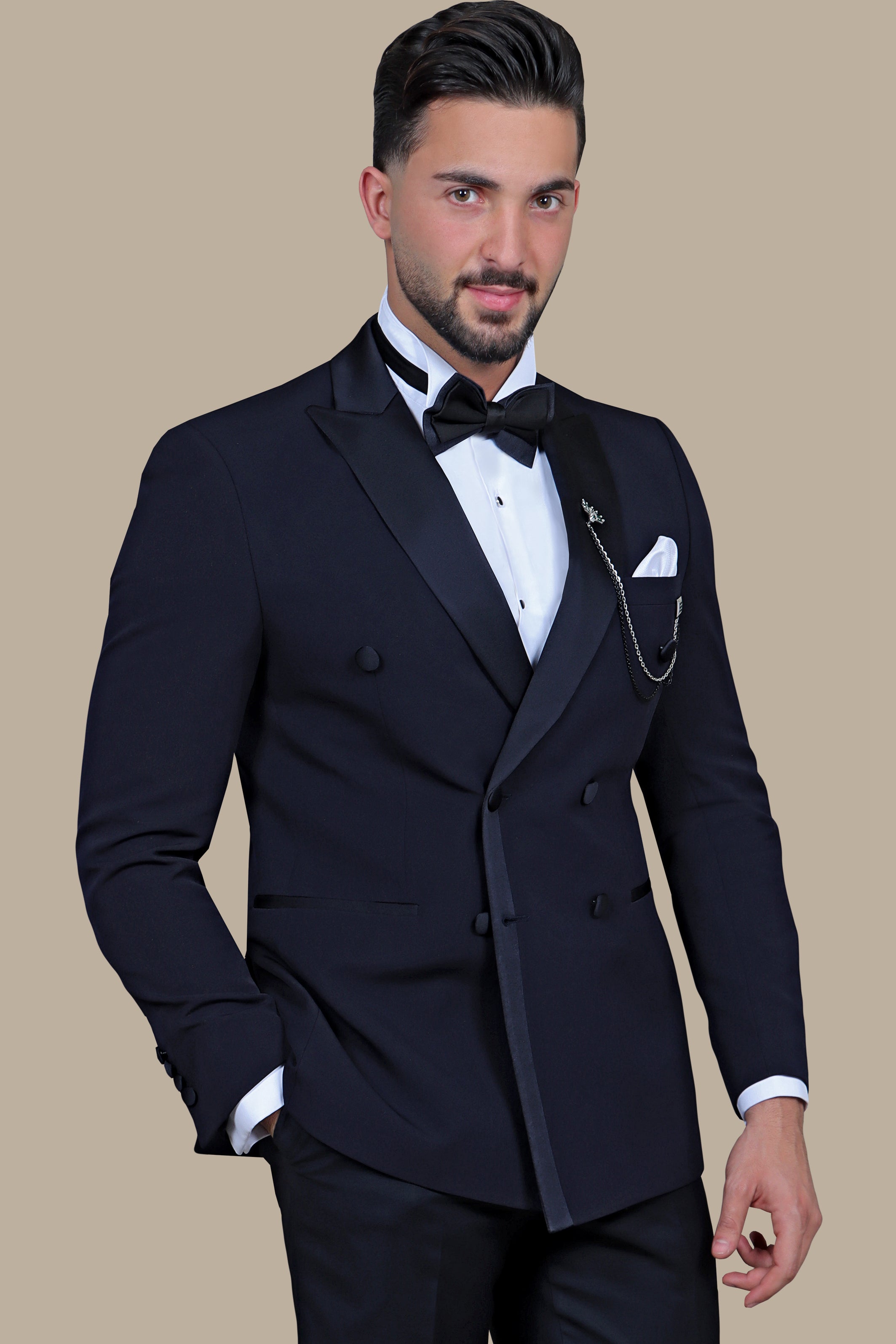 Navy Satin Double-Breasted Tuxedo