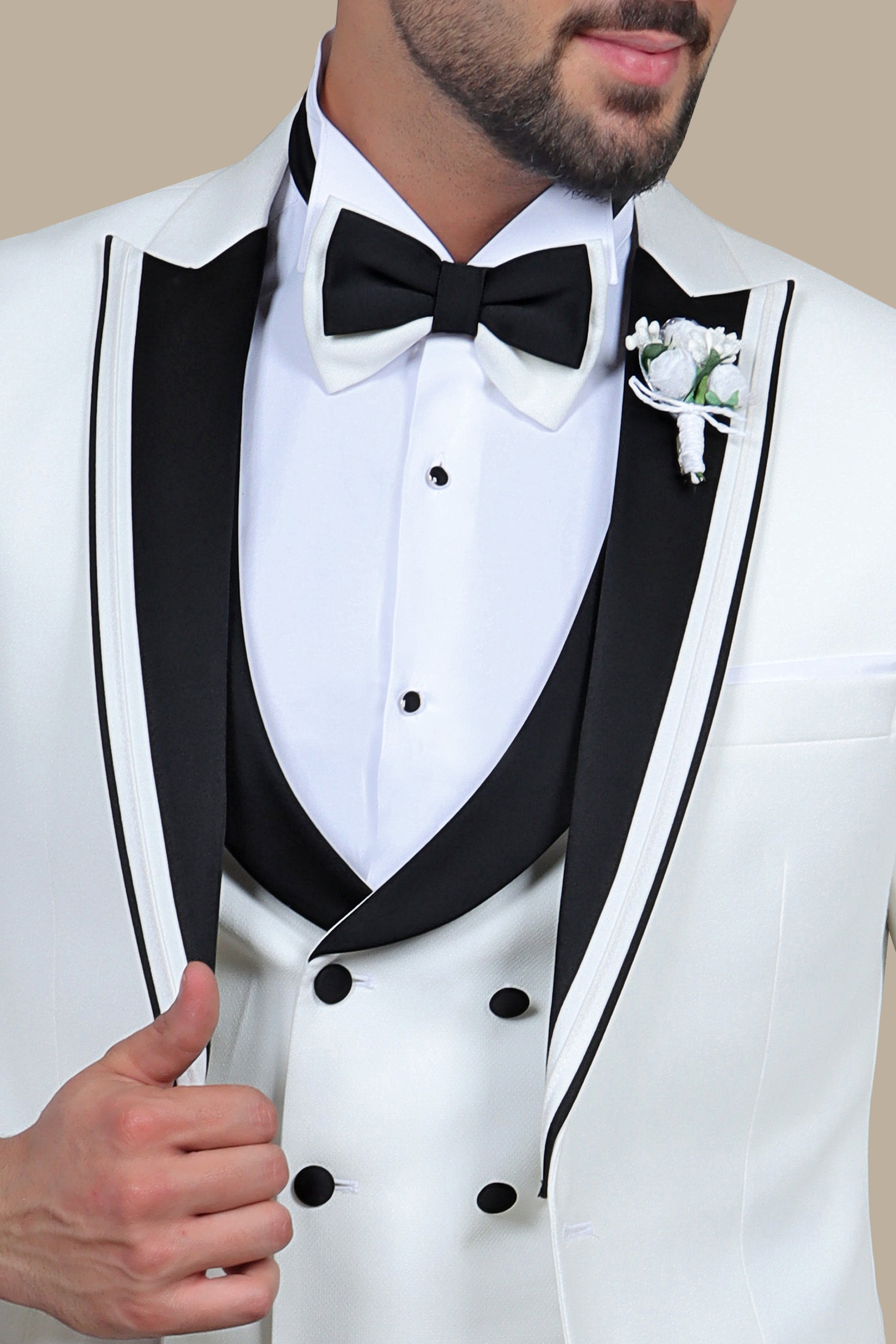 Sleek White Peak 3-Piece Tuxedo Suit featuring White Brim Detailing