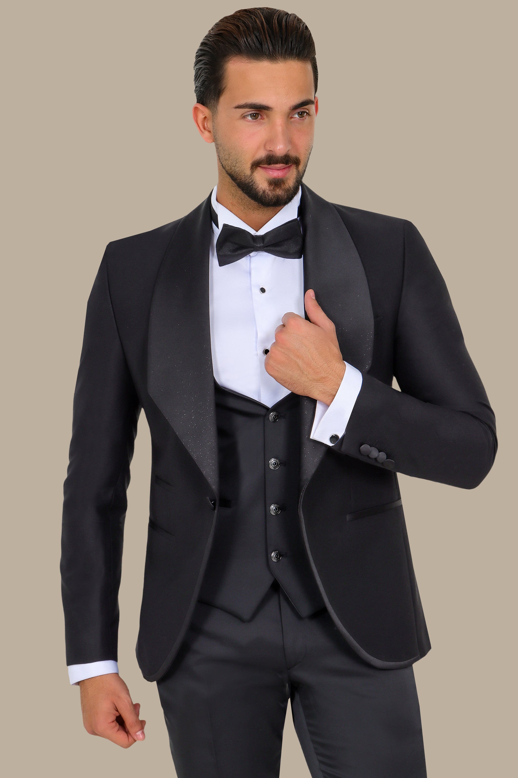 Elegant Glitter Black Collar 3-Piece Tuxedo Suit