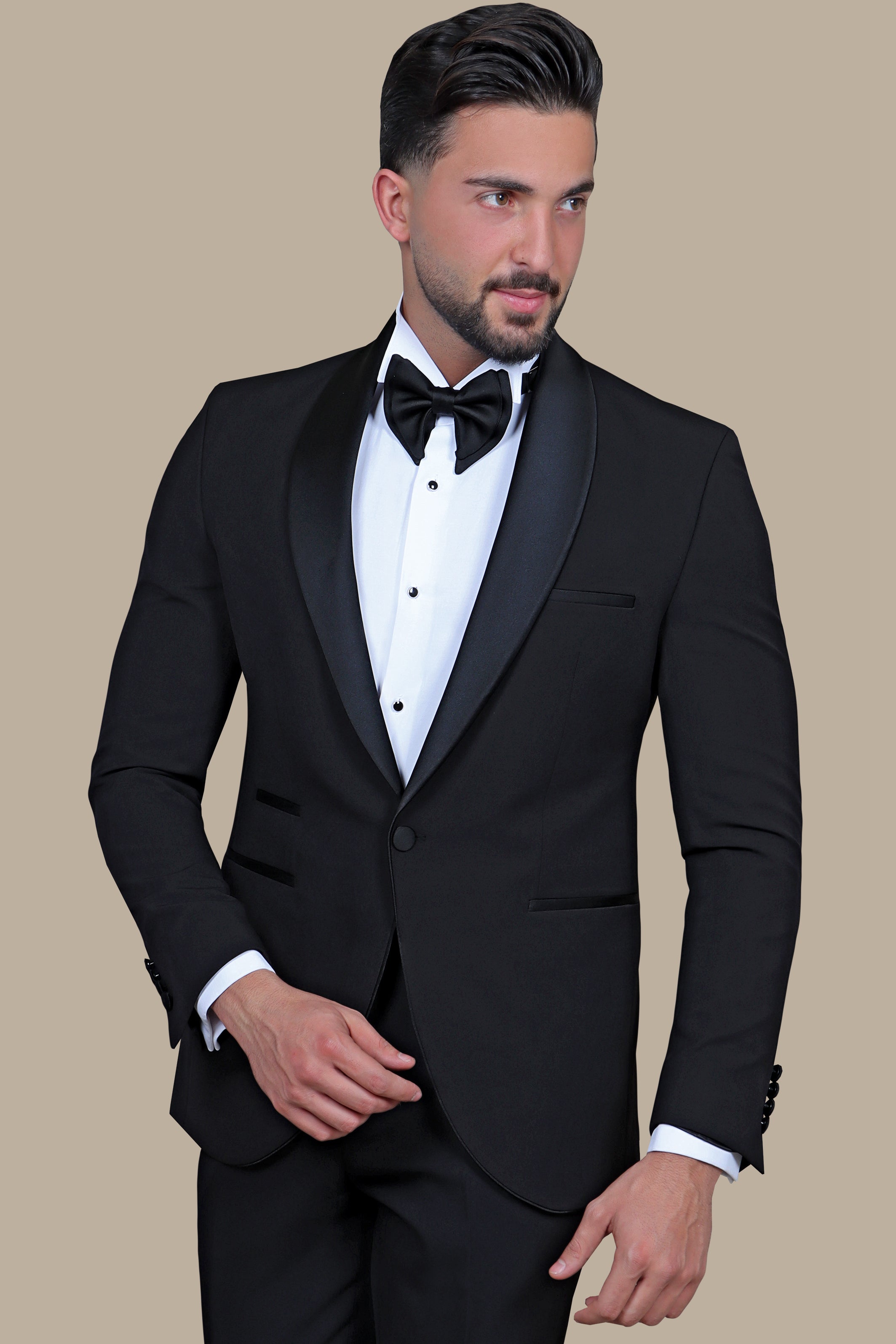 Black Collar 3-Piece Tuxedo with Double Fillet Side Detailing