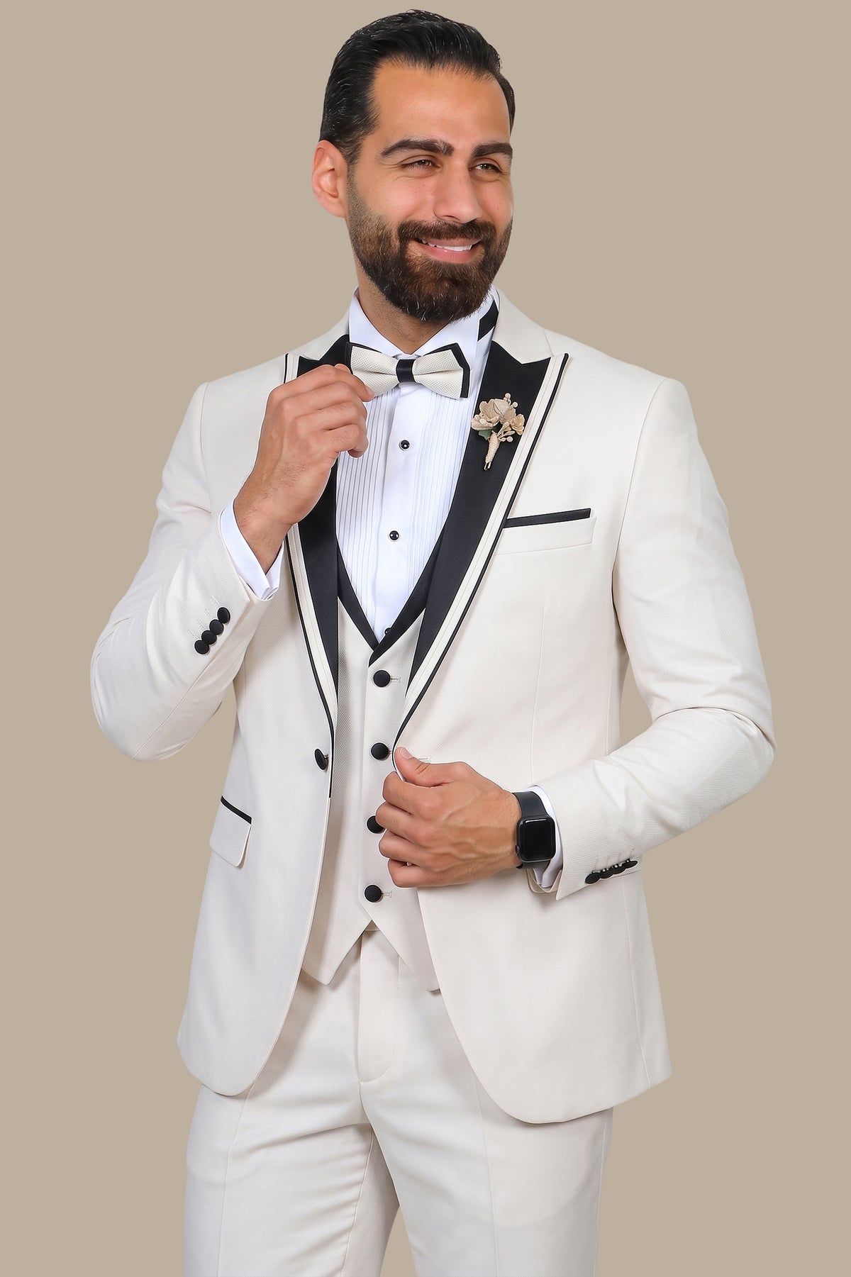 Peak Elegance: The Beige Brimé 3-Piece Tuxedo