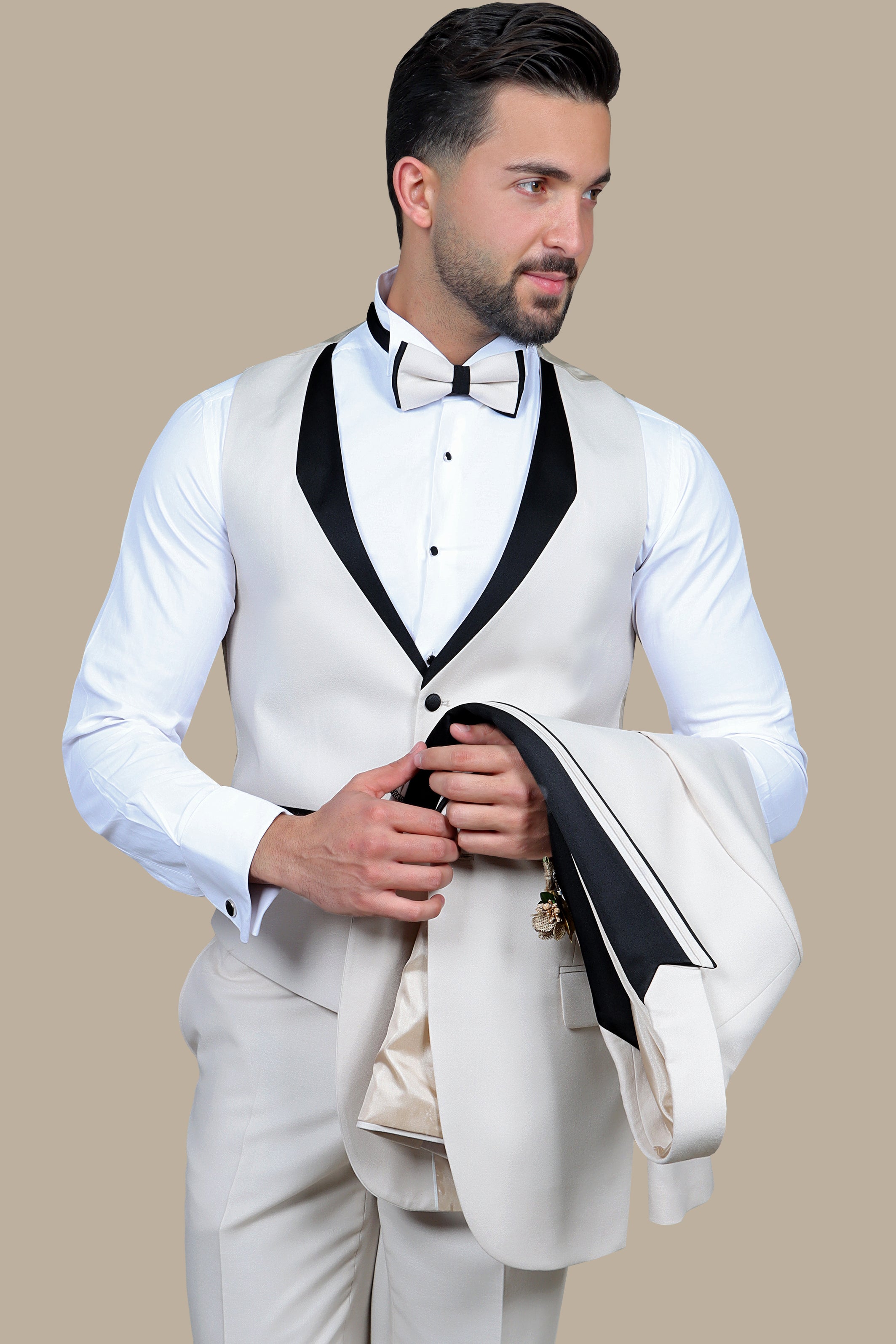 Peak Elegance: The Beige Brimé 3-Piece Tuxedo