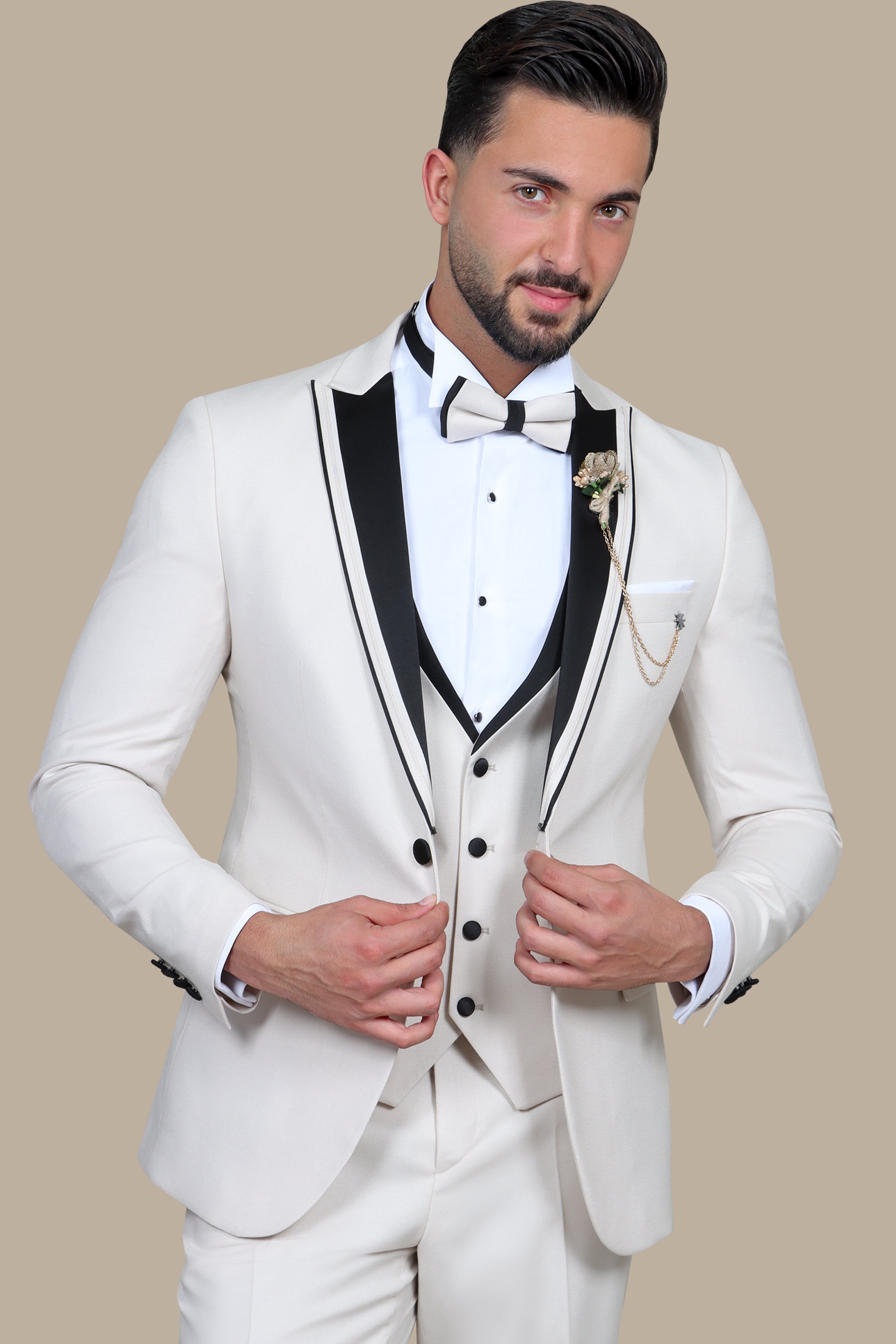 Peak Elegance: The Beige Brimé 3-Piece Tuxedo