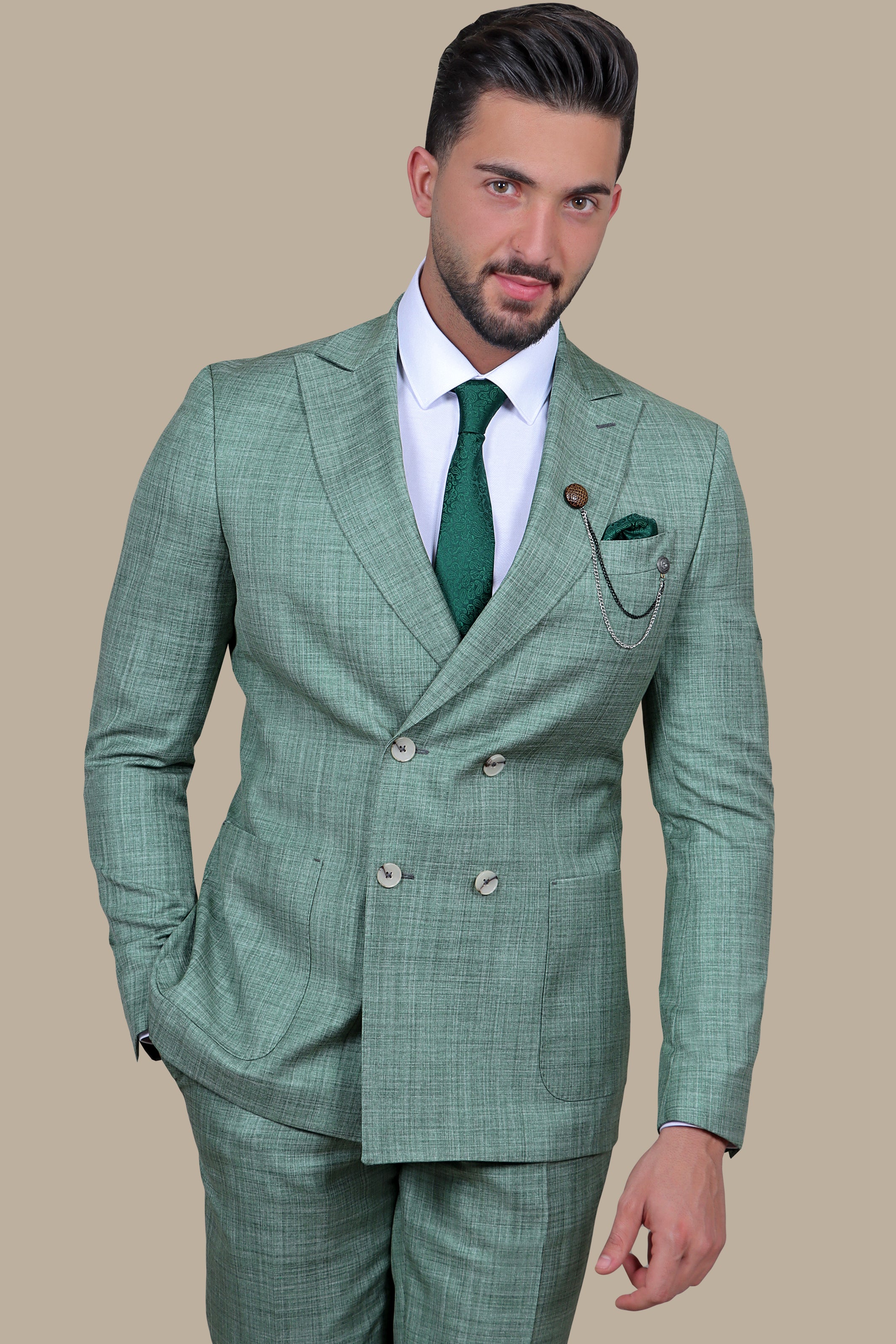 Green Filafil Classic: Double-Breasted Suit with Patch Pockets