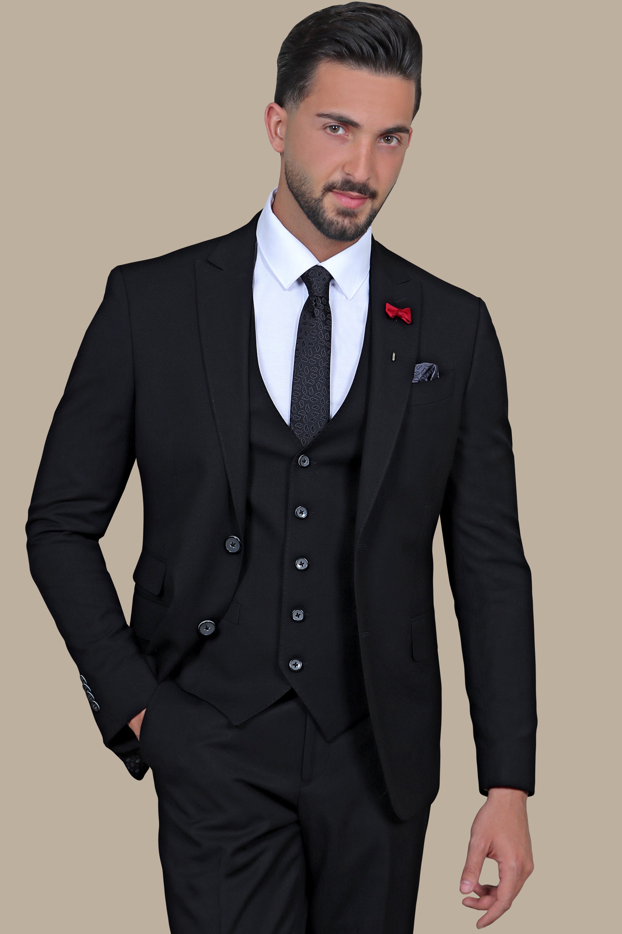 Black Slim Fit Suit with Peak Lapel and Flap Pockets