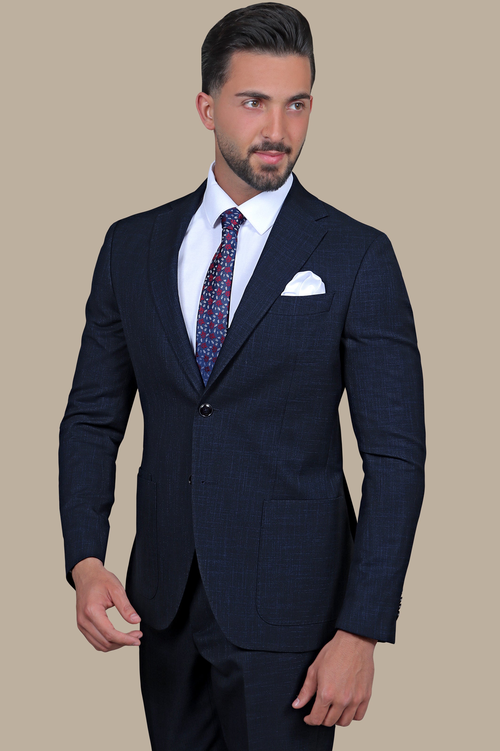 Dark Navy Slim Fit Suit with Down Notch Patch Pockets