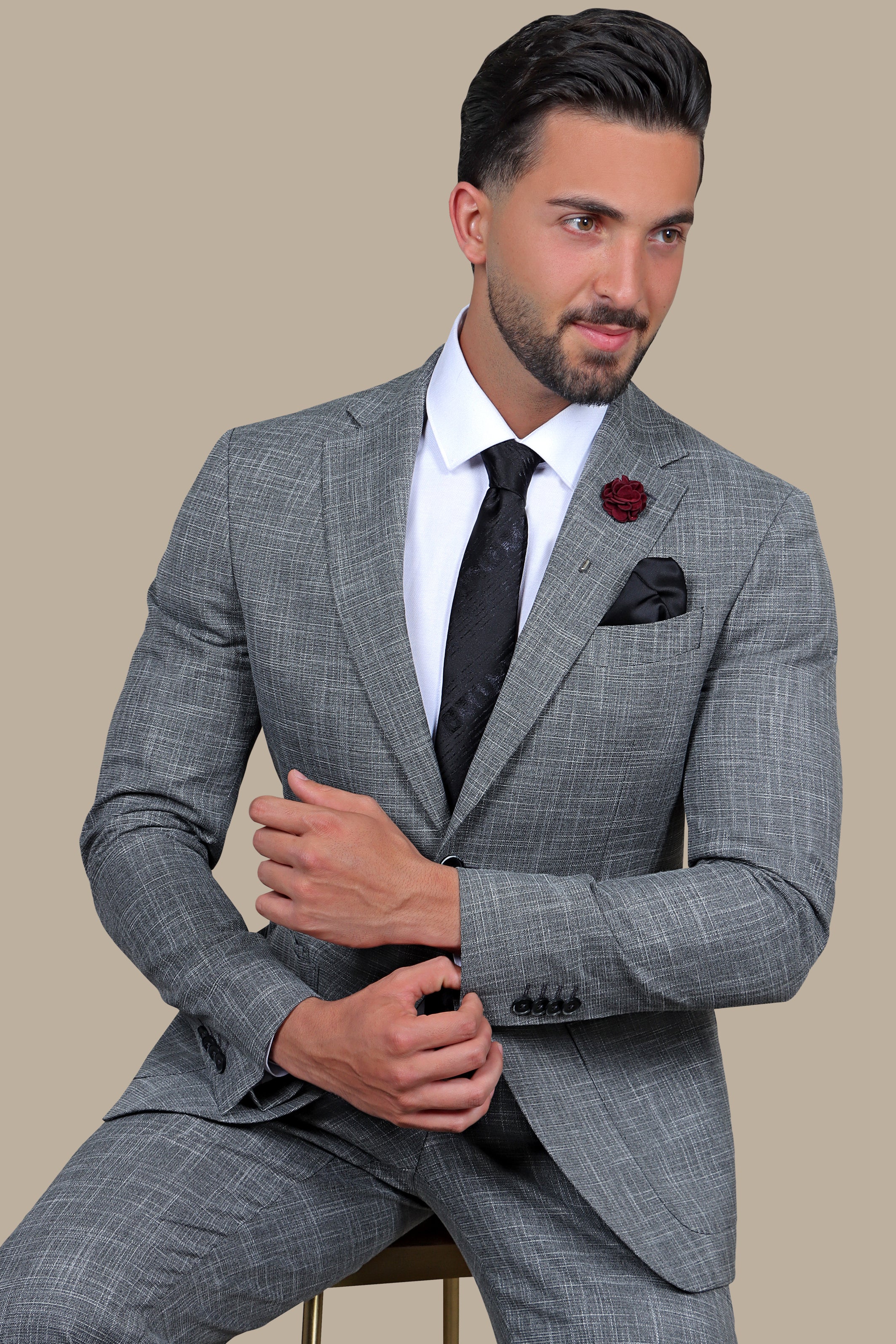 Grey Slim Fit Suit with Down Notch Patch Pockets