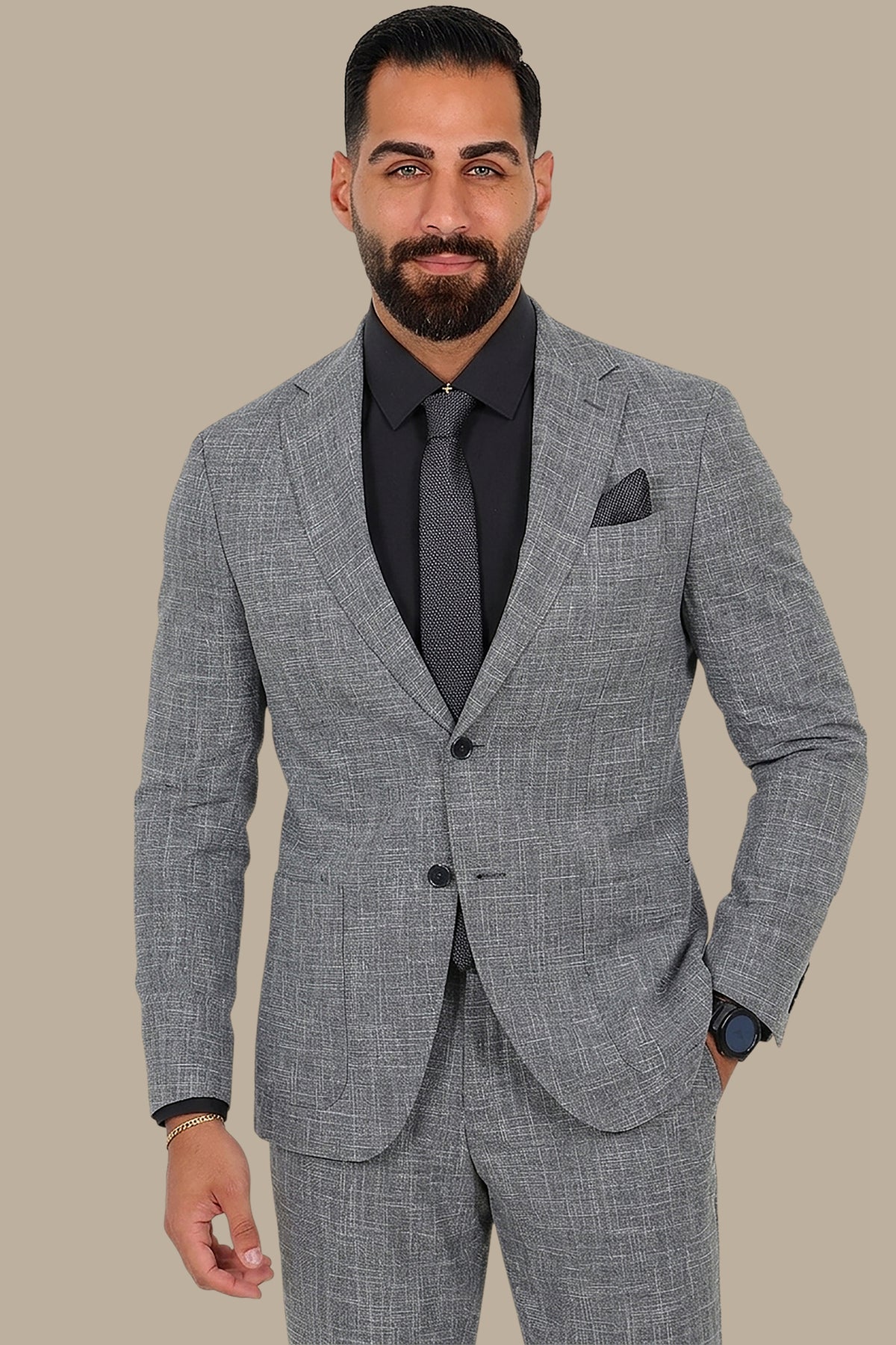 Grey Slim Fit Suit with Down Notch Patch Pockets