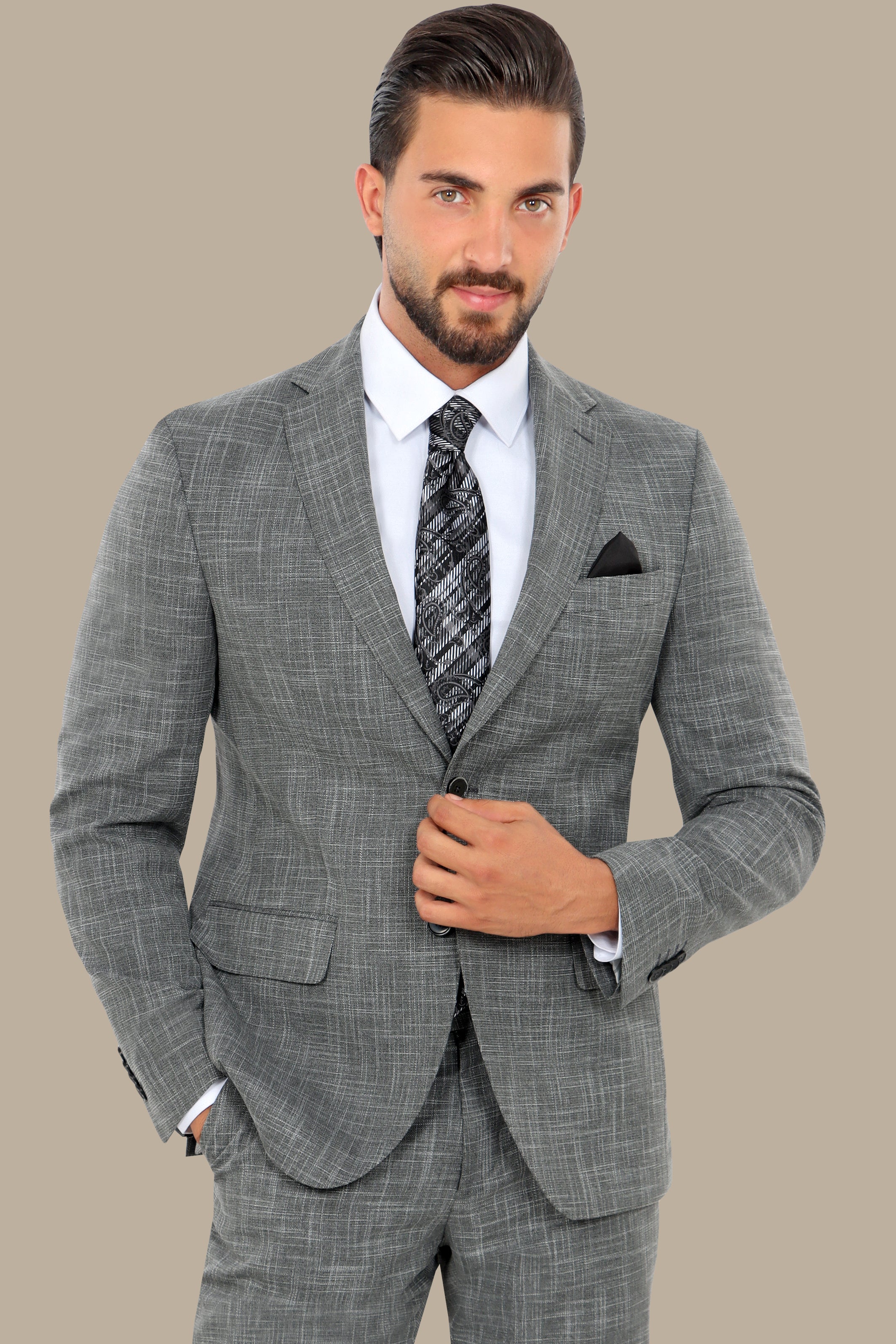 Grey Slim Fit Suit with Down Notch Patch Pockets