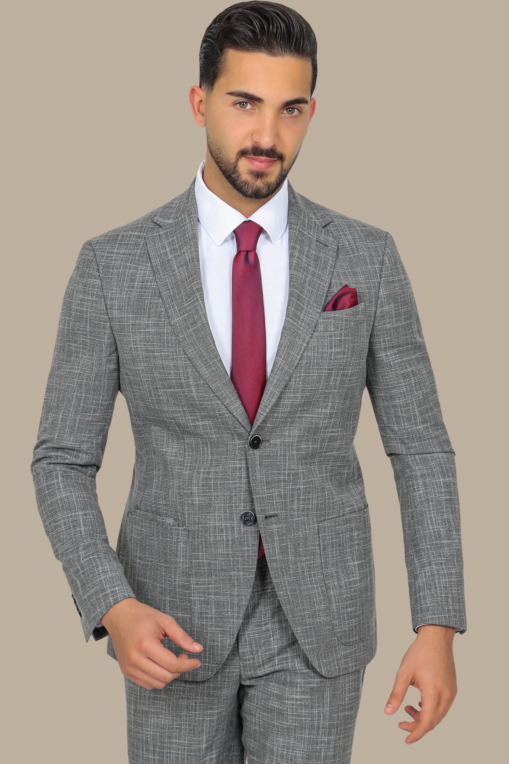 Grey Slim Fit Suit with Down Notch Patch Pockets