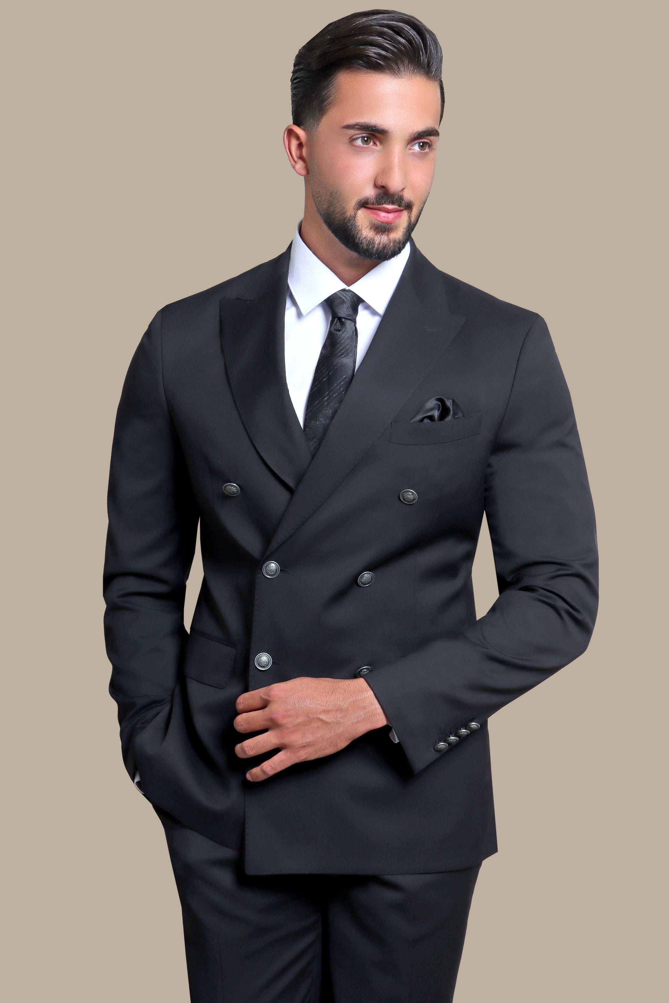 Black Double-Breasted Suit with Metal Buttons – 3-Piece Set