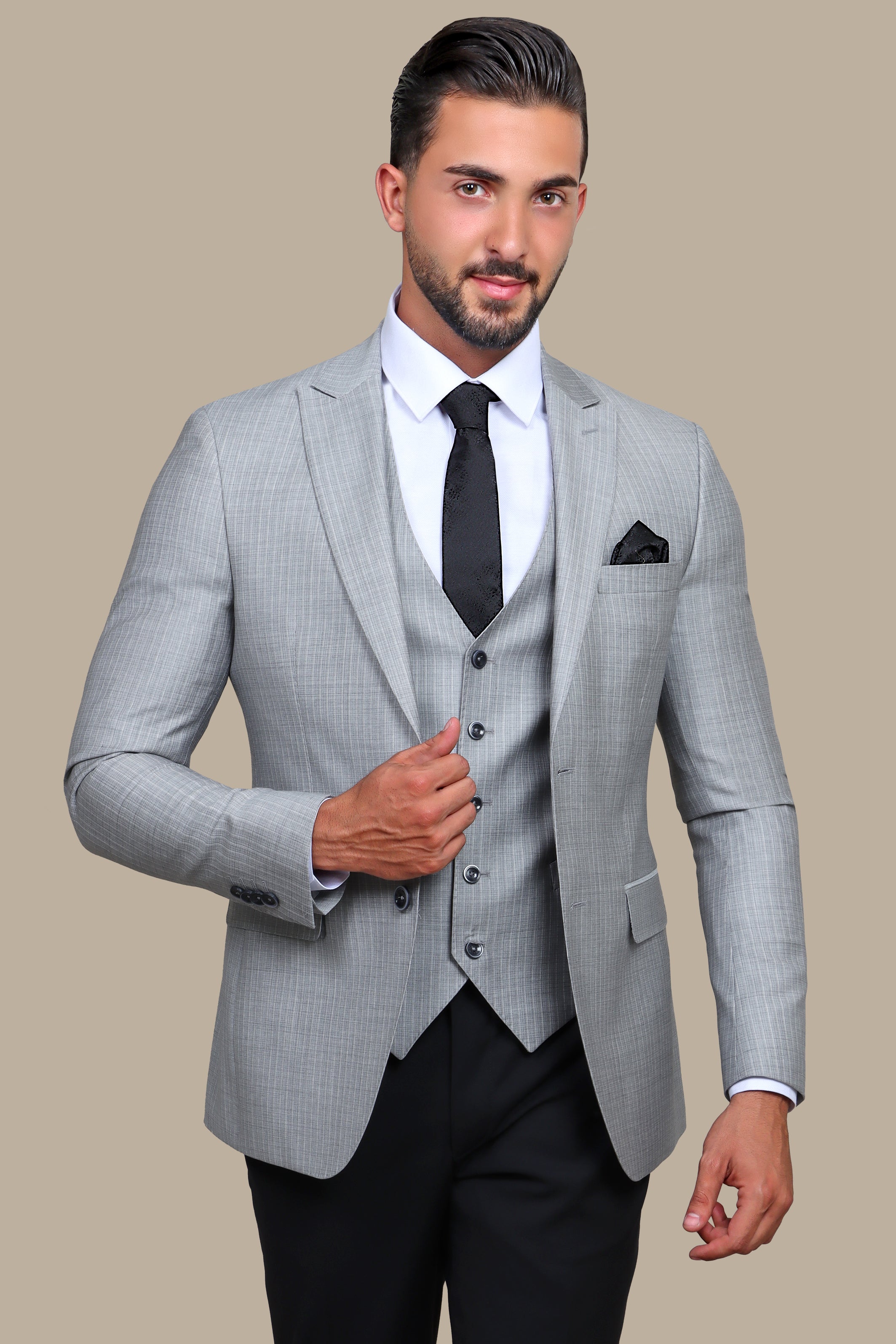 Light Grey Slim Fit 3-Piece Striped Wool Suit