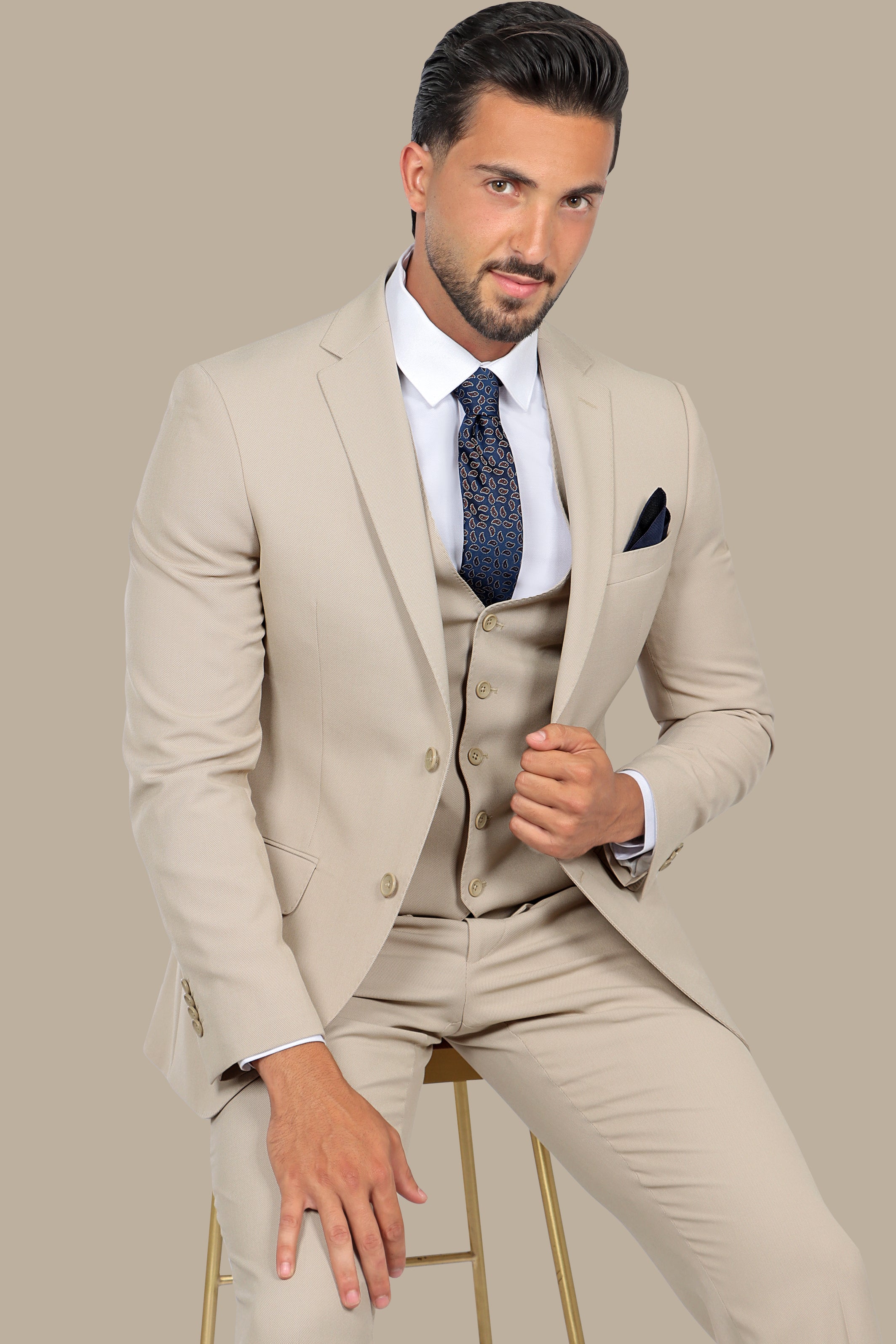 Beige Slim Fit 3-Piece Suit with Notch Lapel