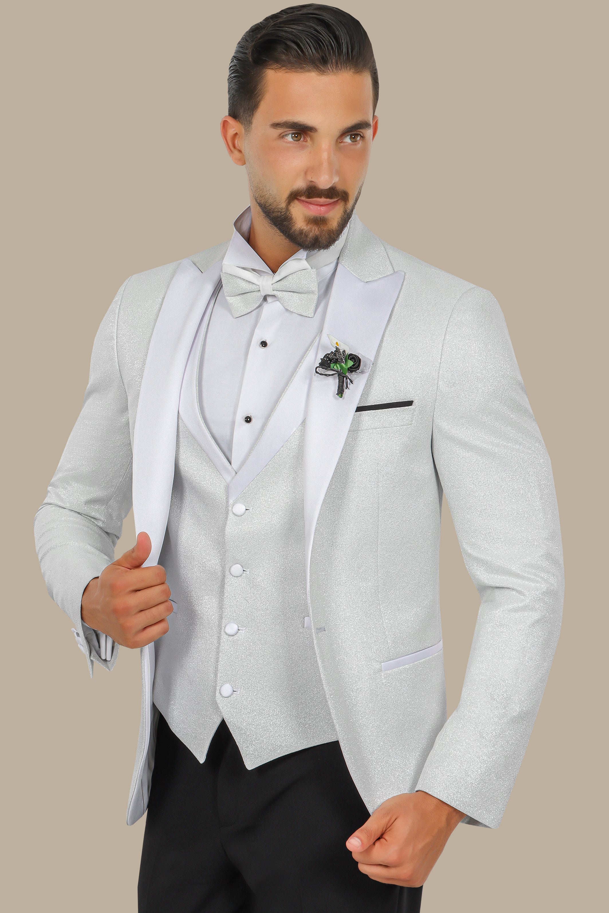 Silver Glitter 4-Piece Tuxedo Peak Lapel