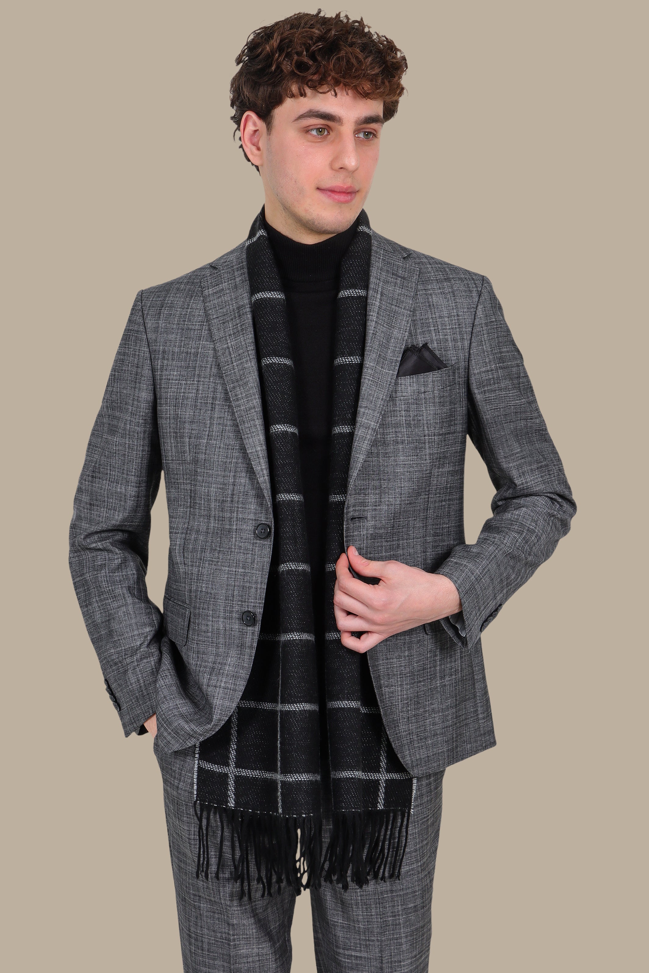 Fil A Fil Suit Notch Lapel 2 Pieces Dark Grey
