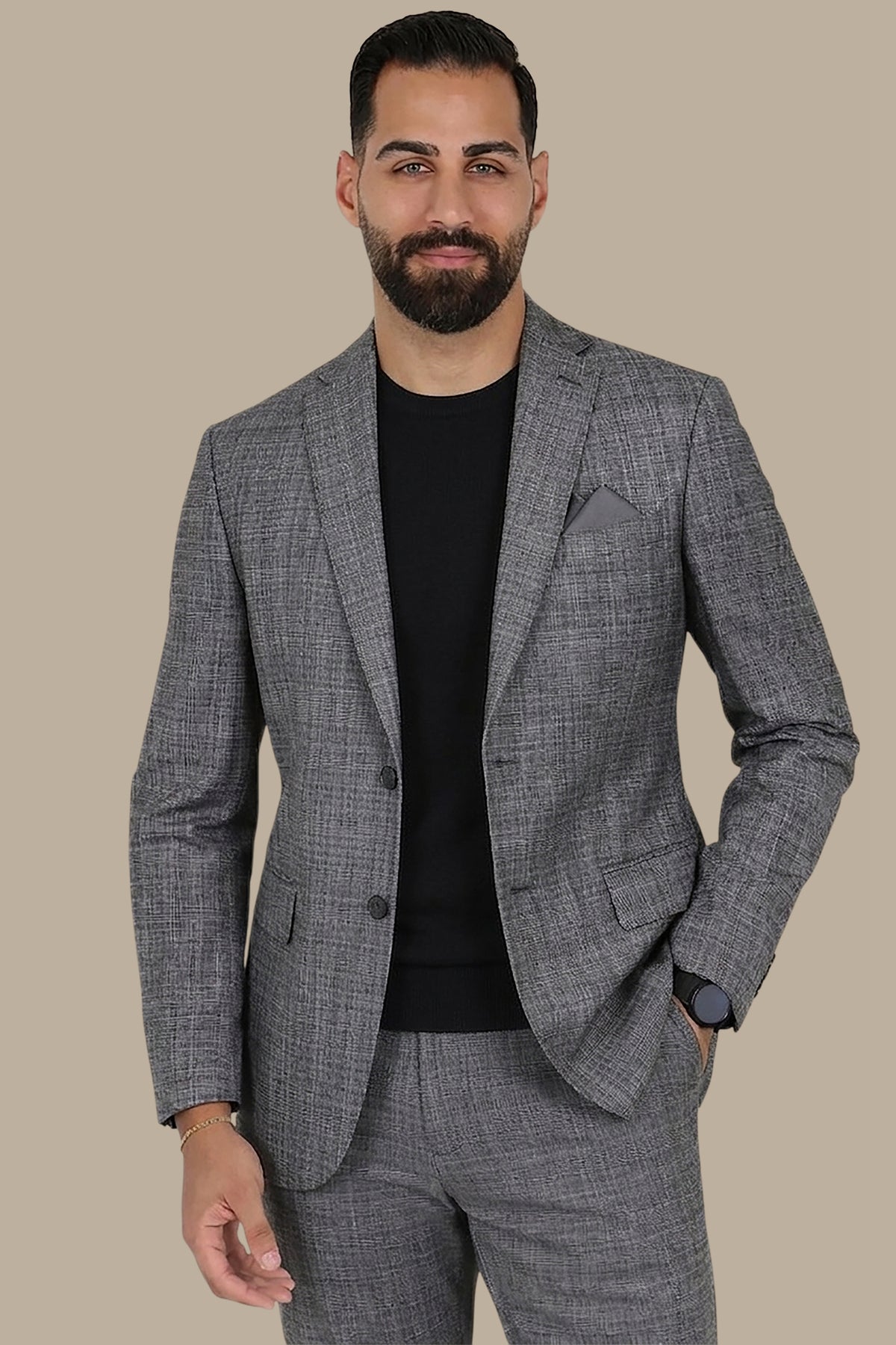 Fil A Fil Suit Notch Lapel 2 Pieces Dark Grey