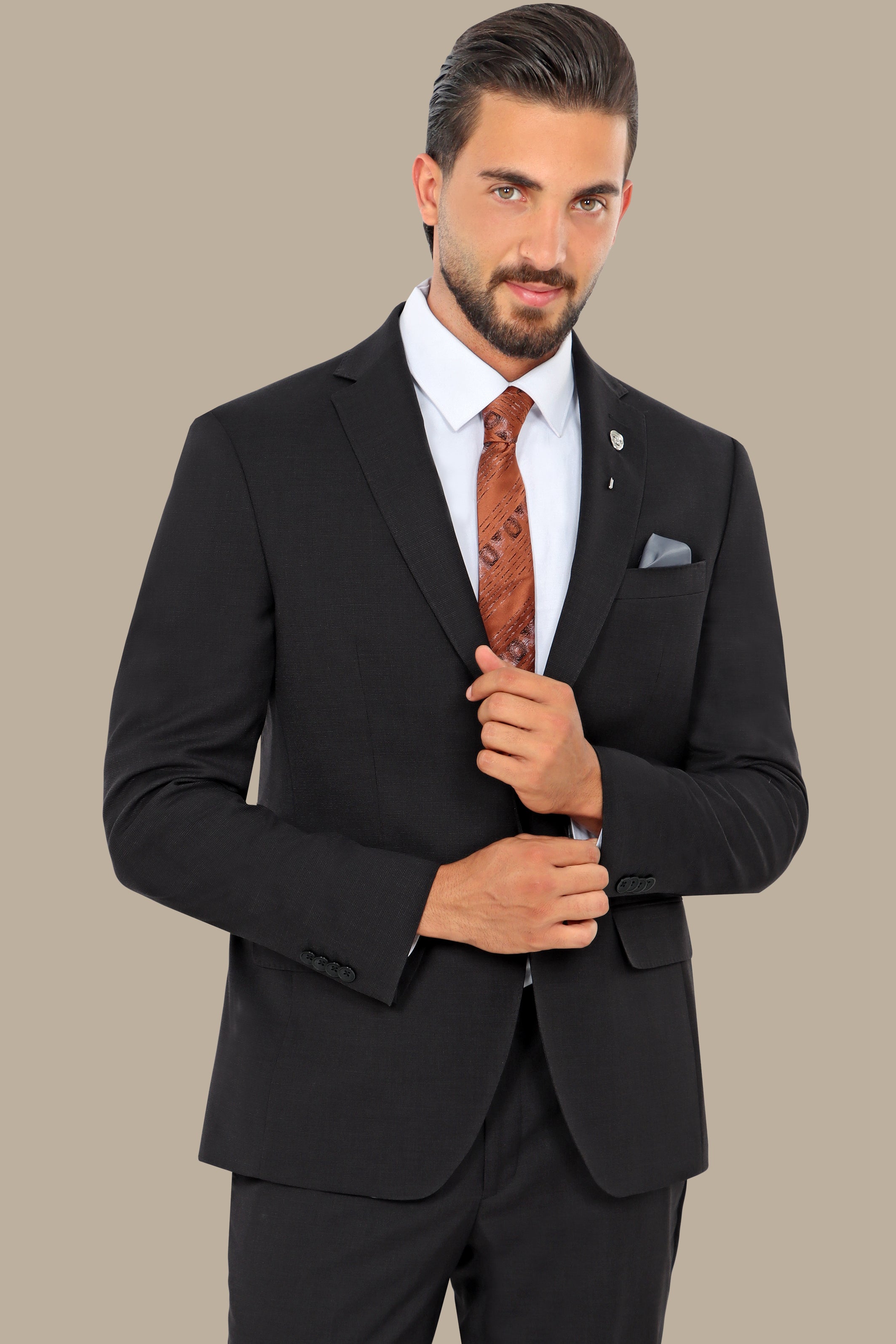 Black Structured Suit with Notch Lapel - 2 Piece