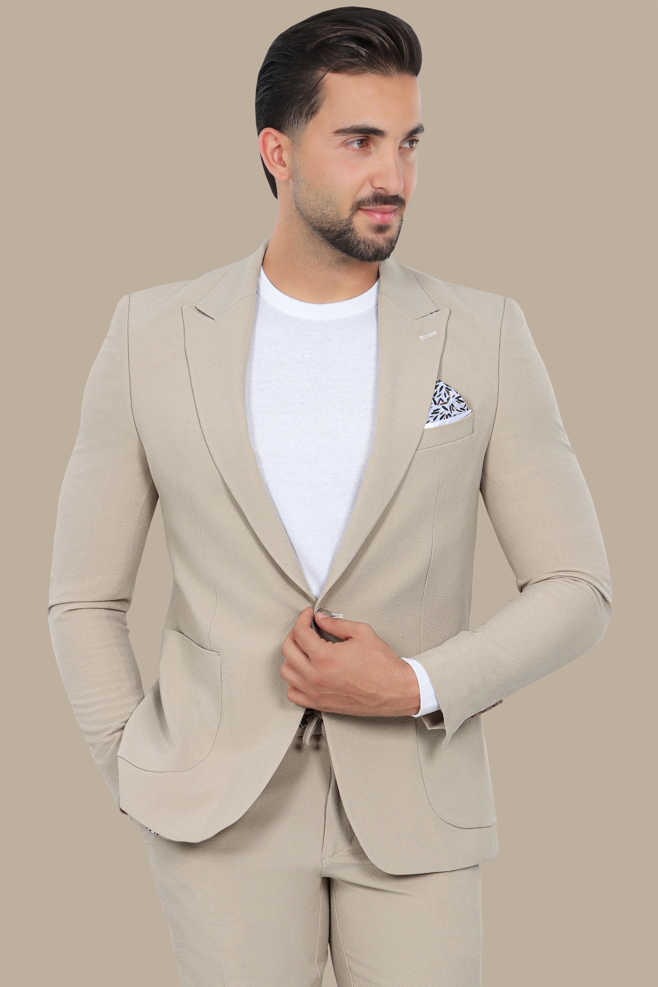 Beige Travel Suit: Structured with Peak Lapel