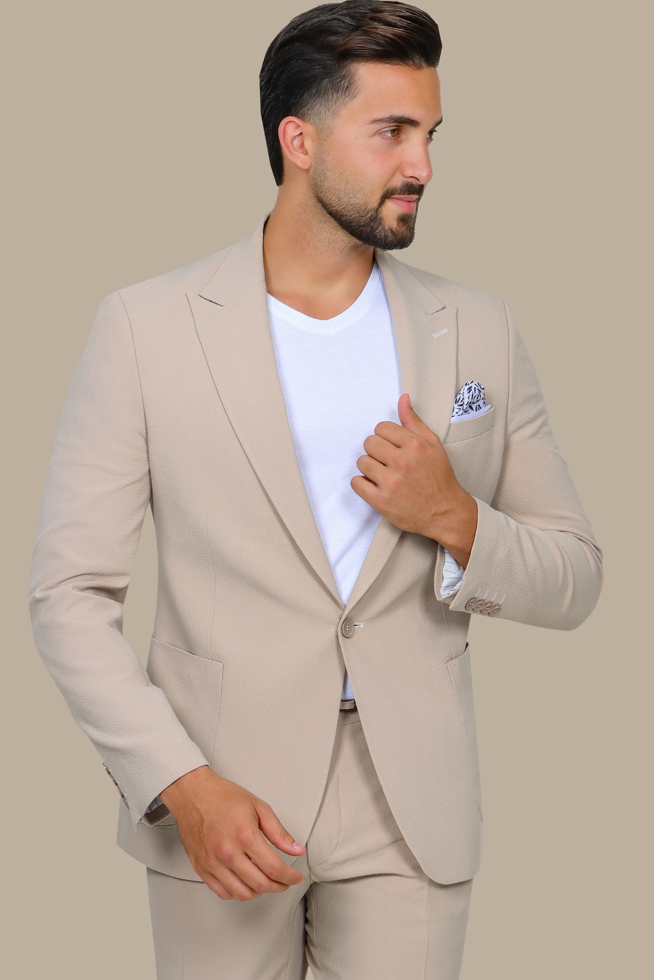 Beige Travel Suit: Structured with Peak Lapel