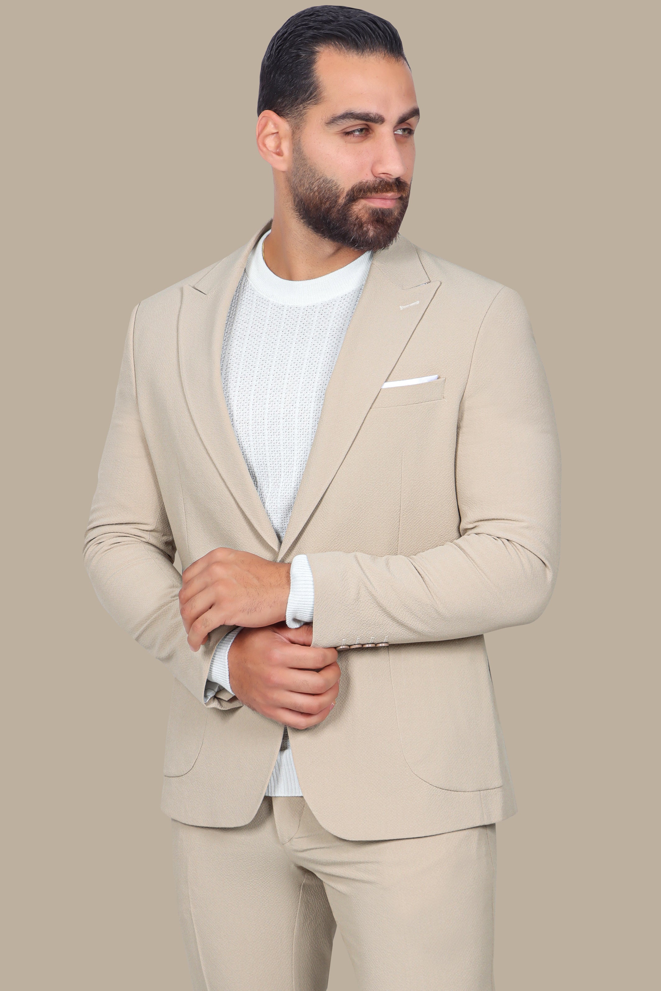 Beige Travel Suit: Structured with Peak Lapel