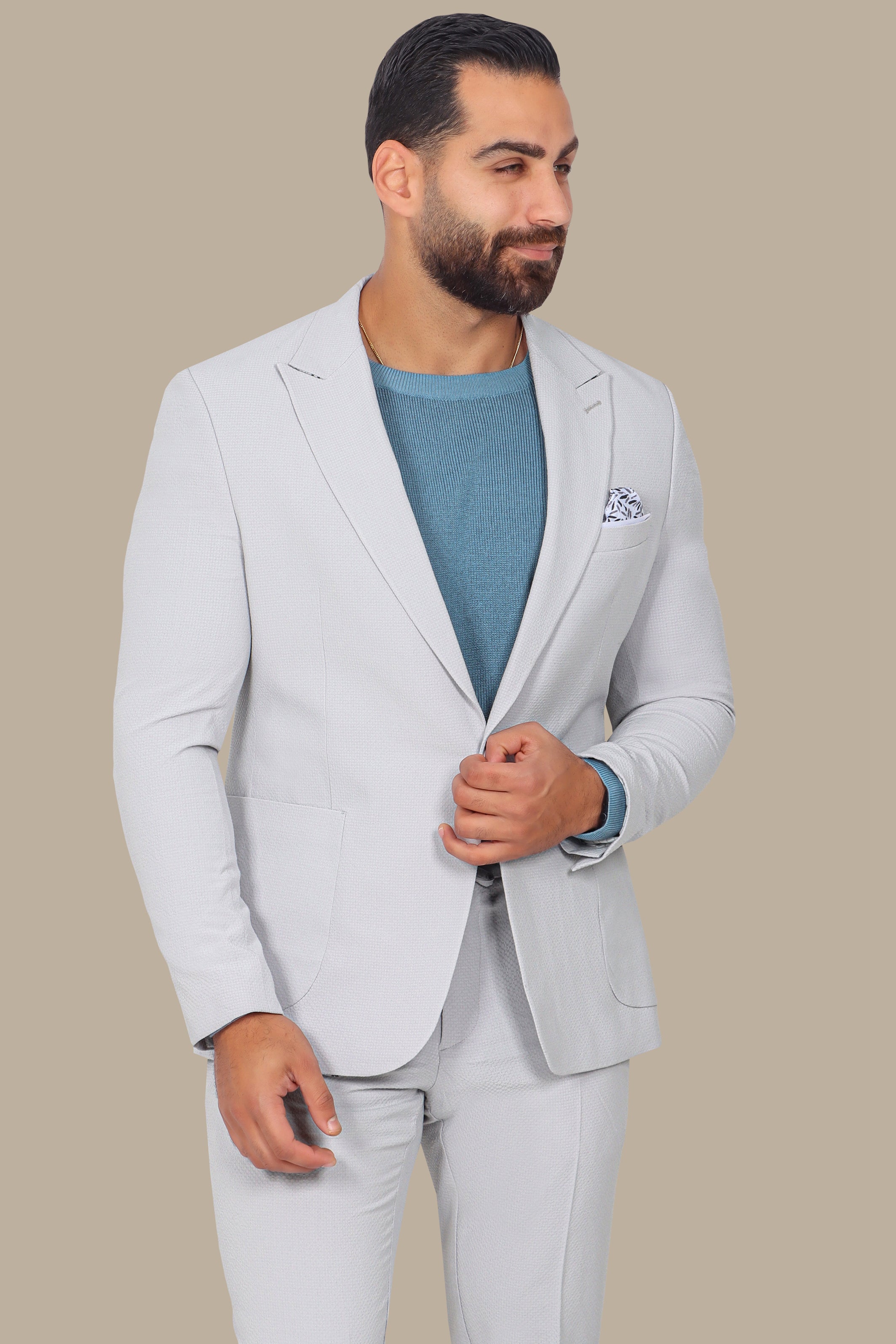 Light Grey Travel Suit: Structured with Peak Lapel