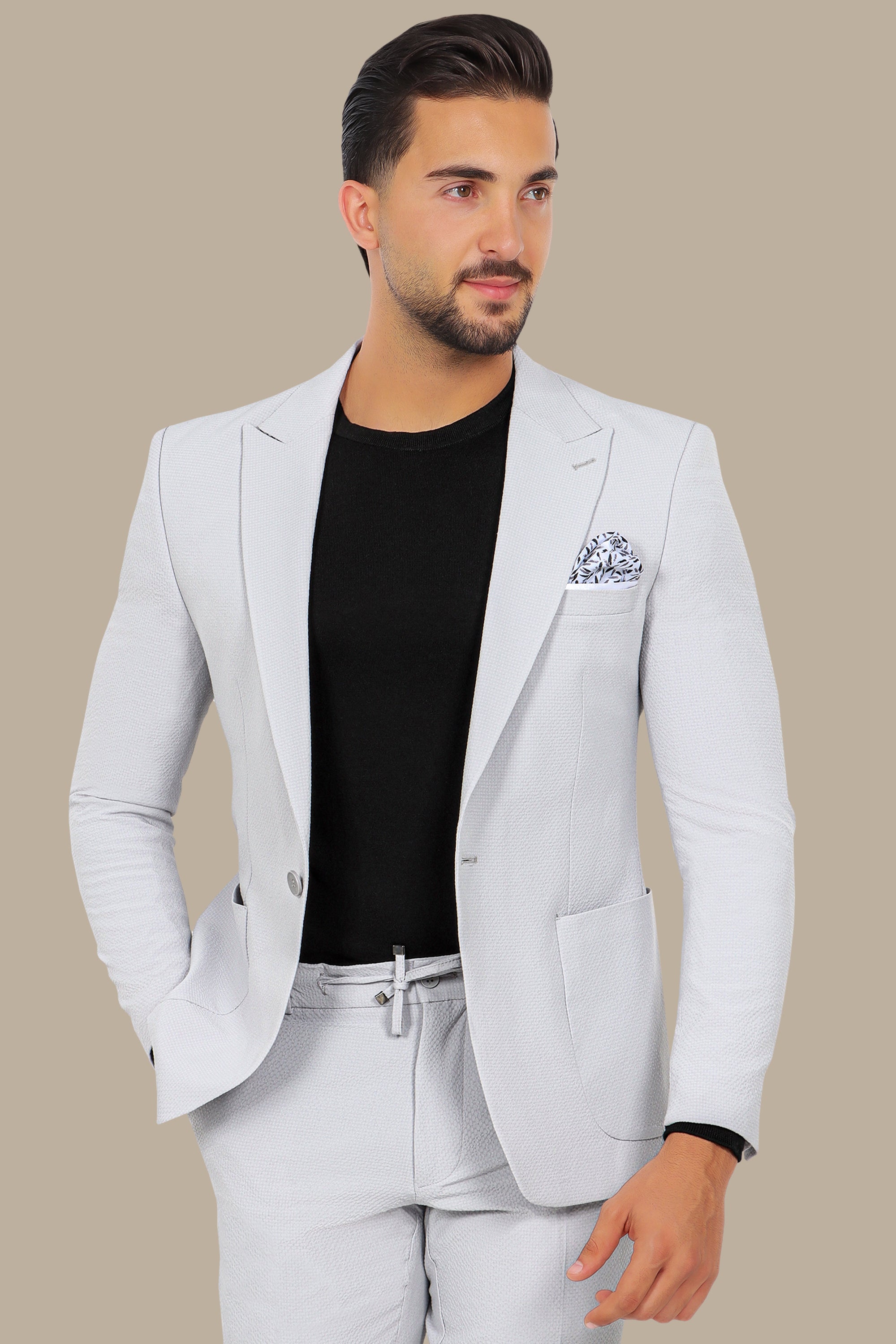 Light Grey Travel Suit: Structured with Peak Lapel