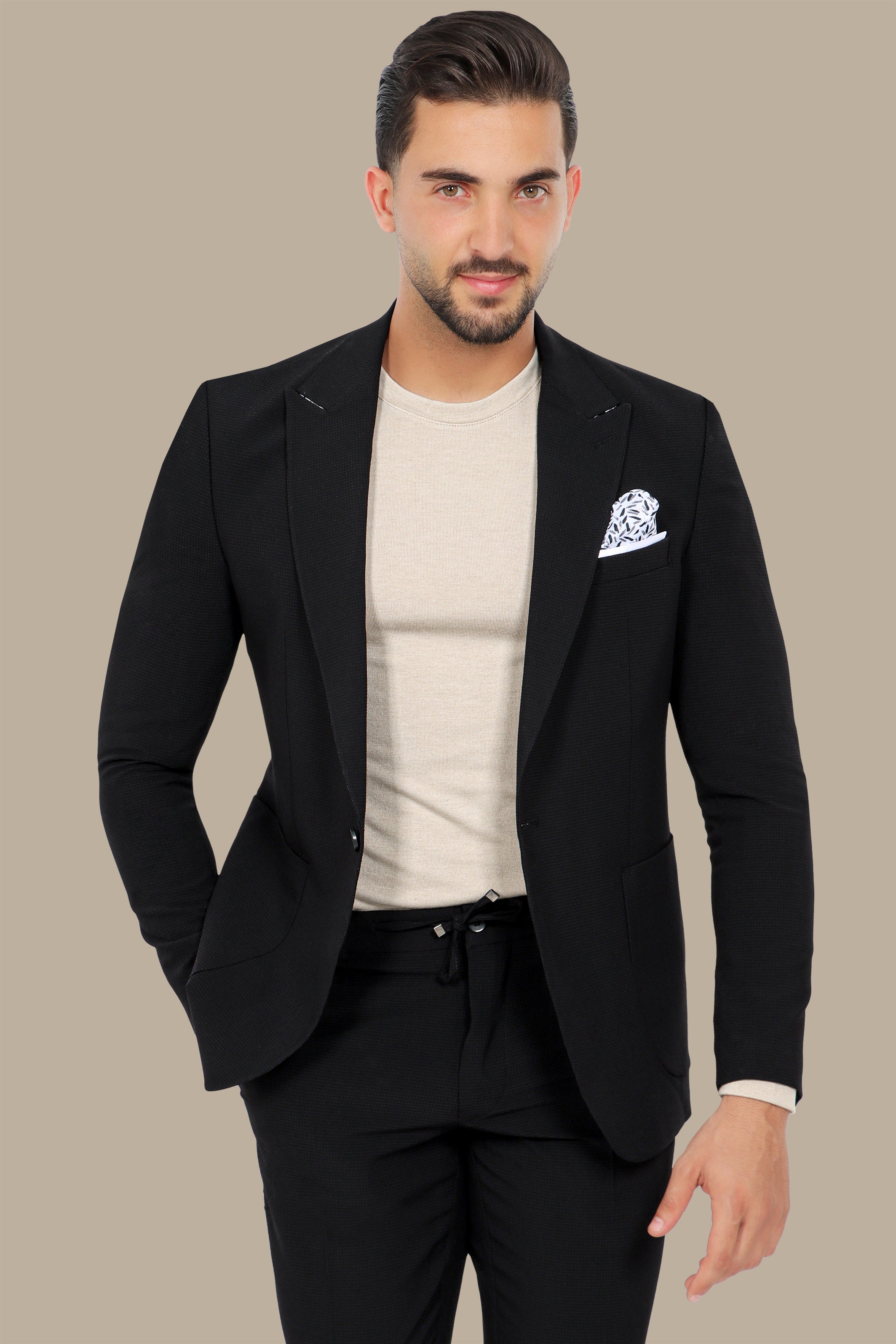 Black Travel Suit: Structured with Peak Lapel