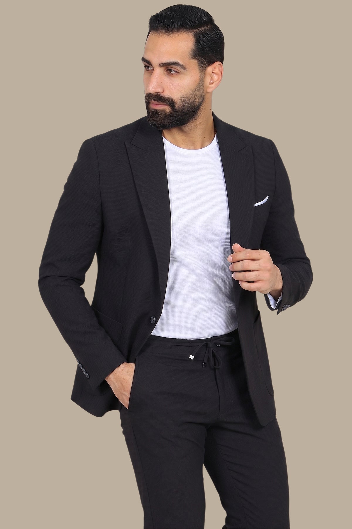 Black Travel Suit: Structured with Peak Lapel