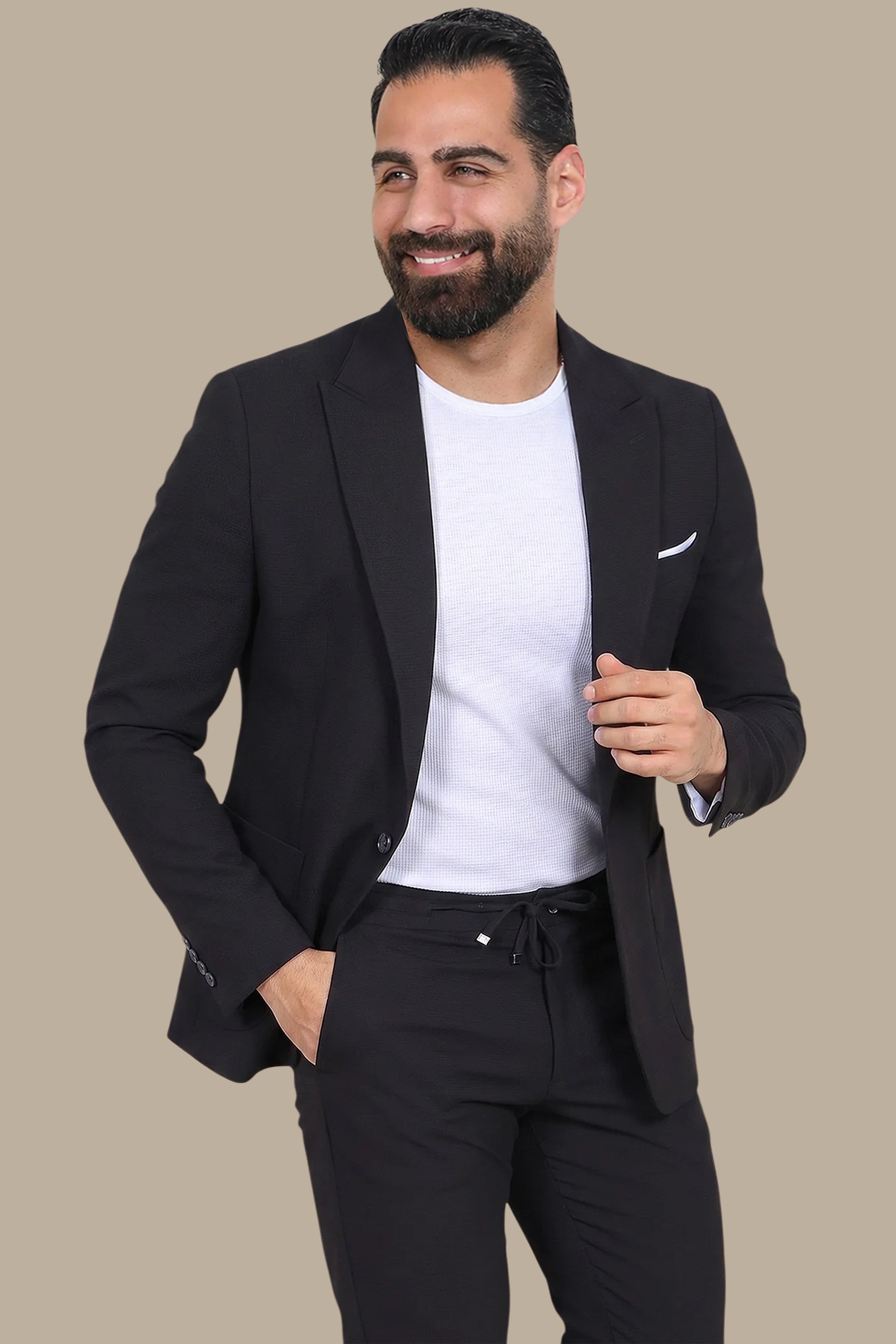 Black Travel Suit: Structured with Peak Lapel