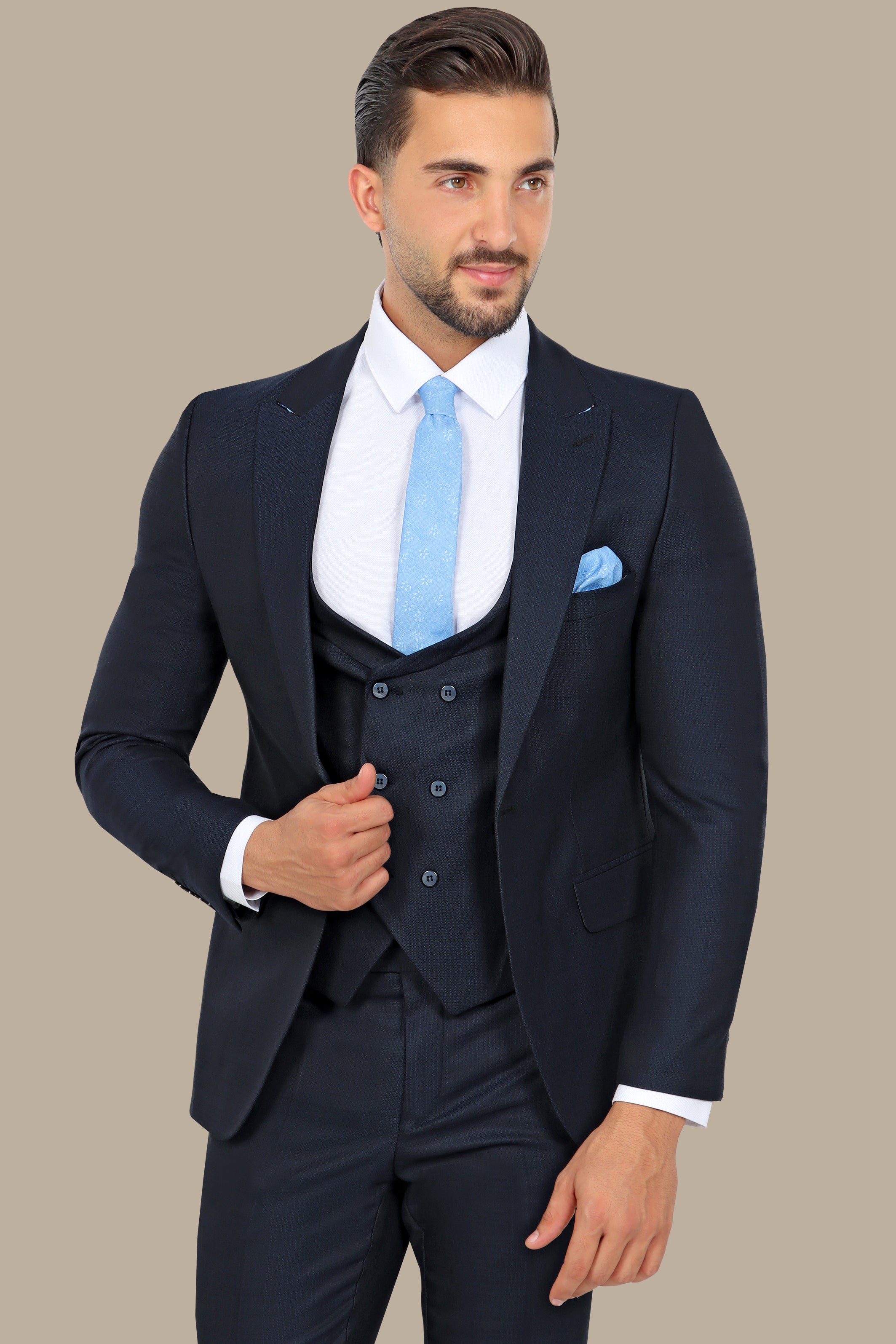 Timeless Structure: 3-Piece Navy Suit with Peak Lapel